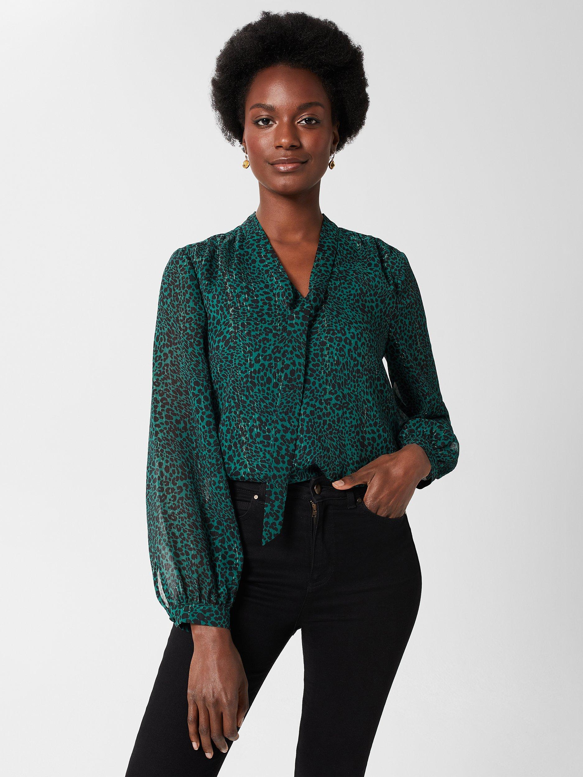 Product image 5 of 6, which shows Hobbs Sandy Leopard Print Metallic Blouse, Sea Green, 8