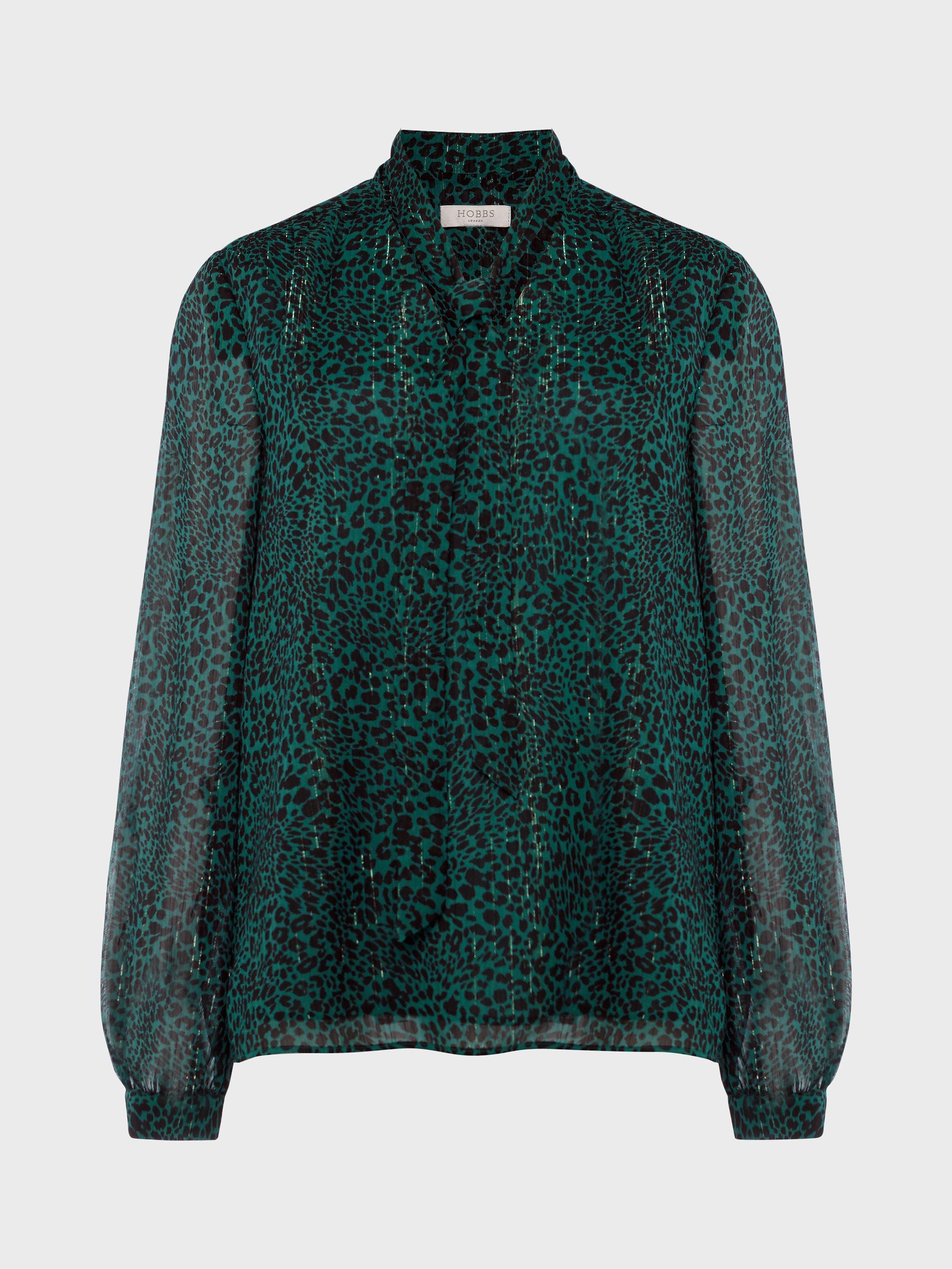 Product image 6 of 6, which shows Hobbs Sandy Leopard Print Metallic Blouse, Sea Green, 8