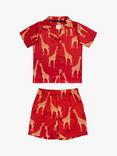 Chelsea Peers Kids' Satin Giraffe Shorts Pyjama Set, Red