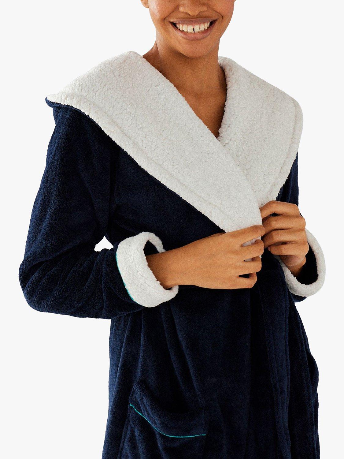 Chelsea Peers Plain Fluffy Hooded Dressing Gown, Navy