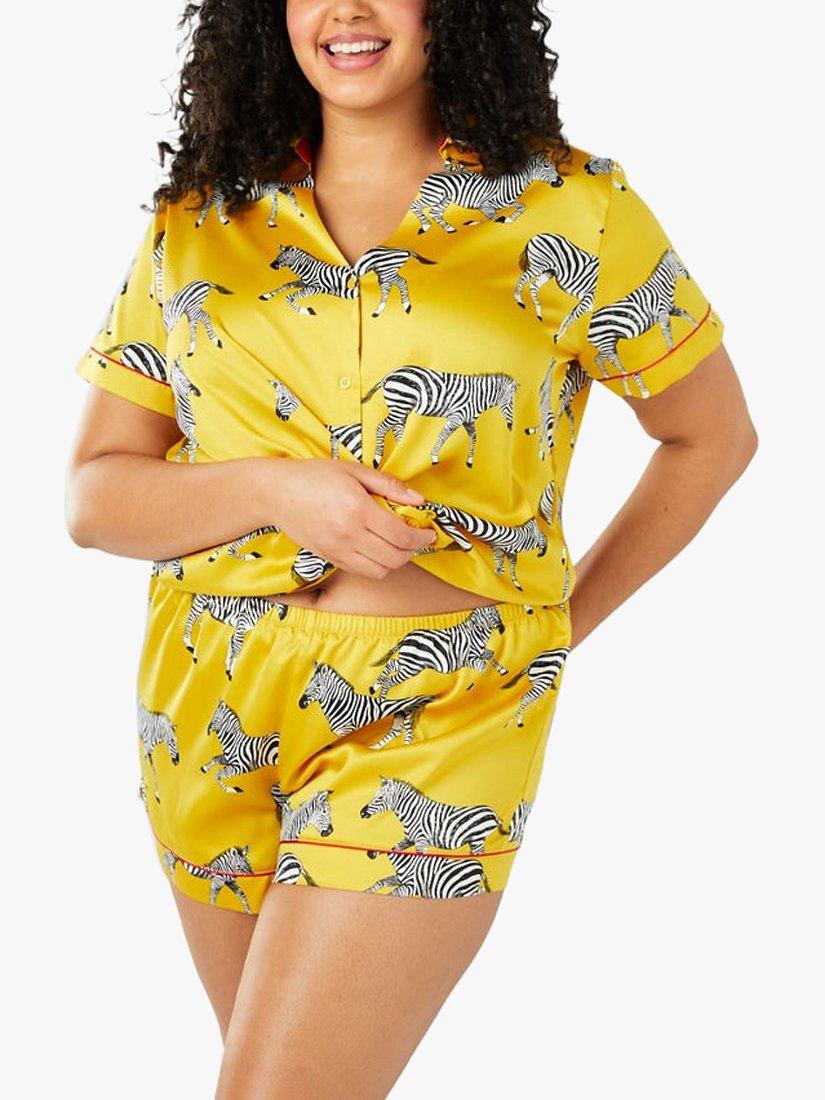 Chelsea Peers Curve Satin Zebra Print Pyjamas, Mustard, 22