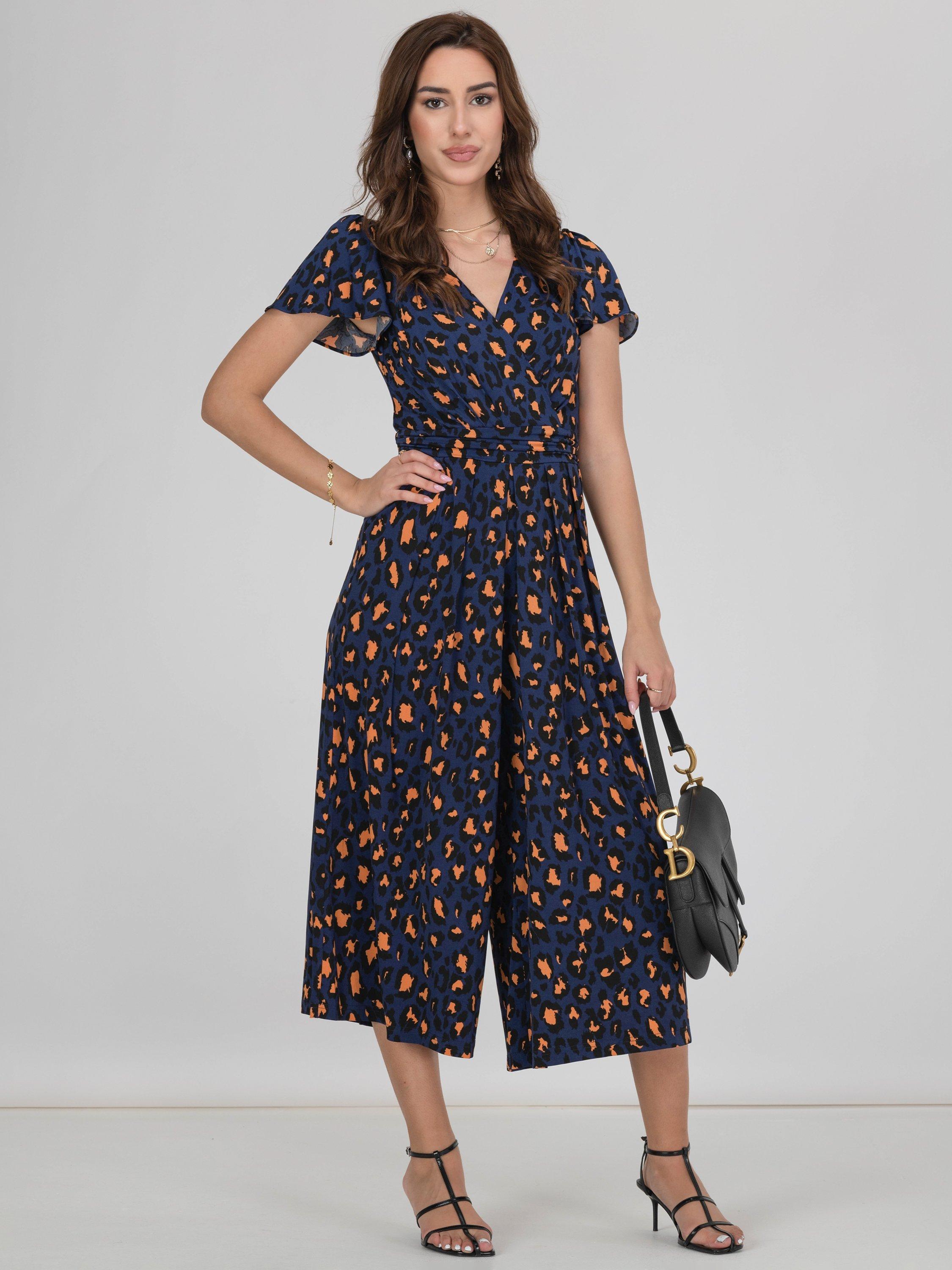 Jolie Moi Devorah Animal Print Culotte Jumpsuit, Navy
