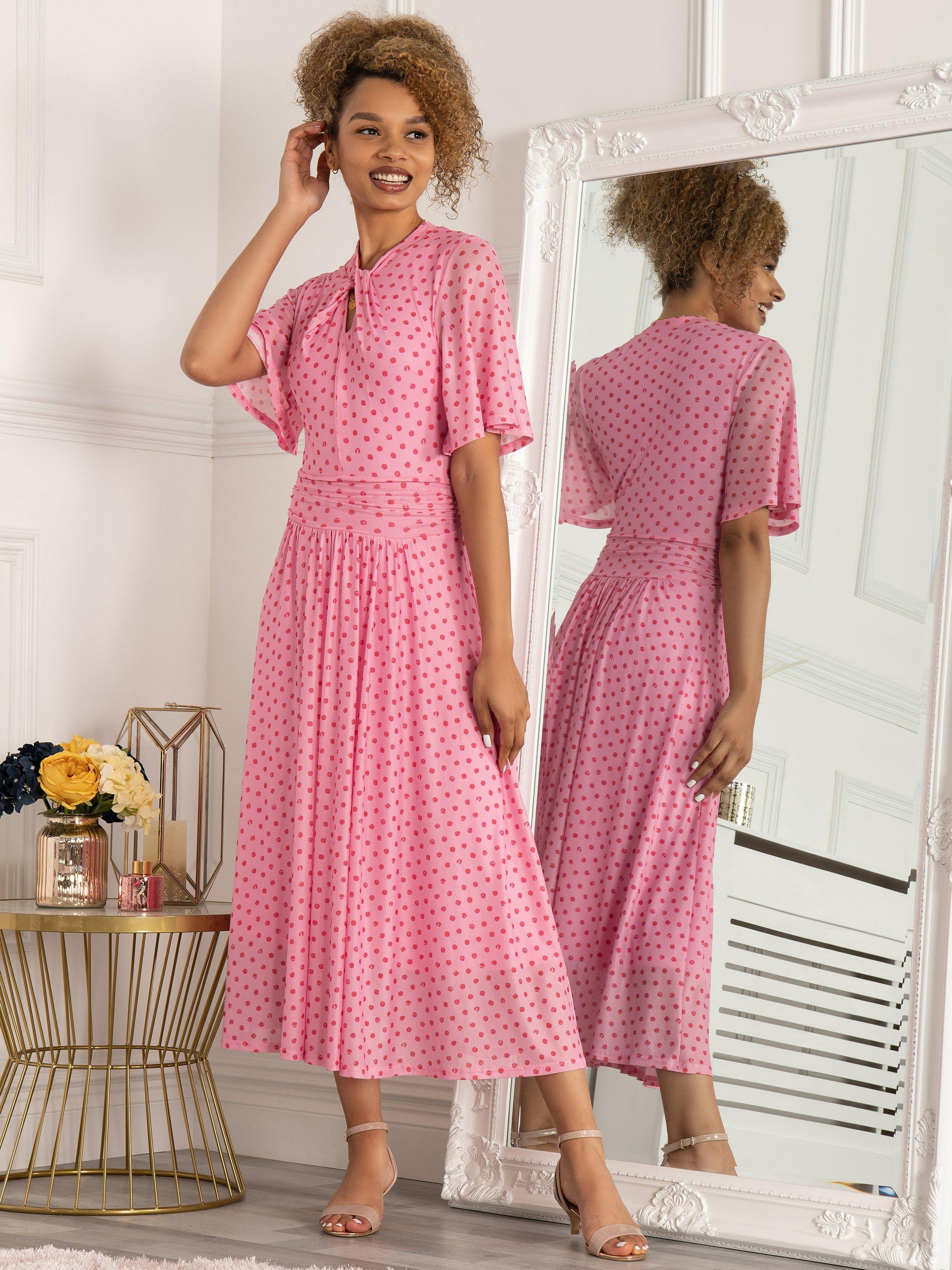Jolie Moi Danika Polka Print Keyhole Neck Midi Dress, Pink