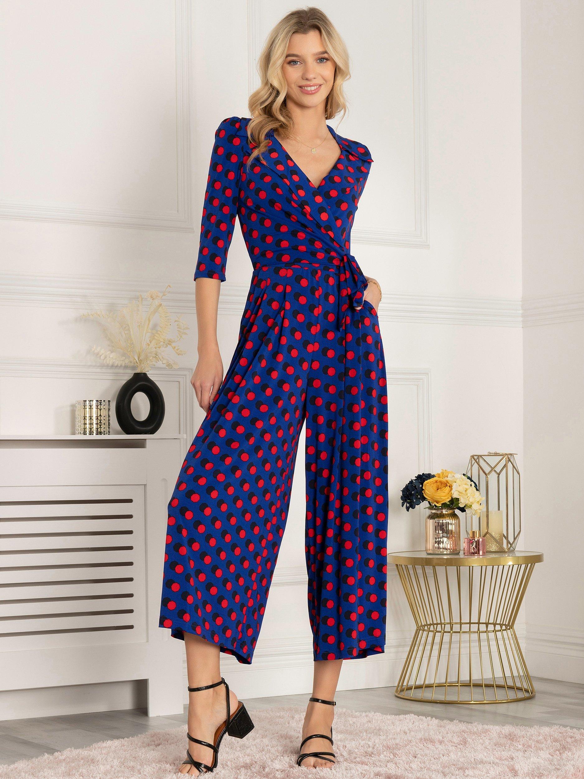 Jolie Moi Saphira Polka Dot Jersey Jumpsuit, Royal Blue