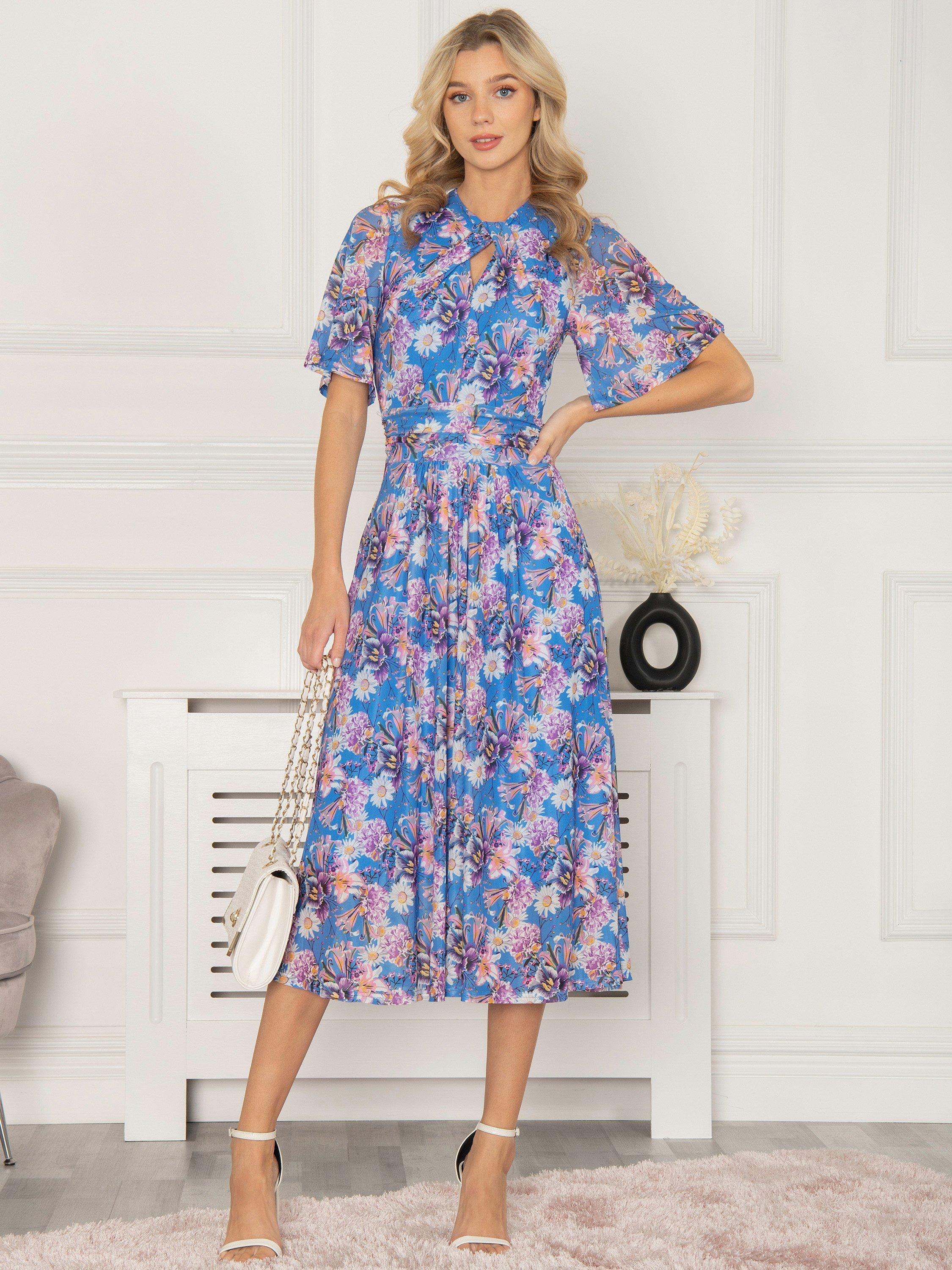 Jolie Moi Danika Floral Print Keyhole Neck Midi Dress, Royal/Multi