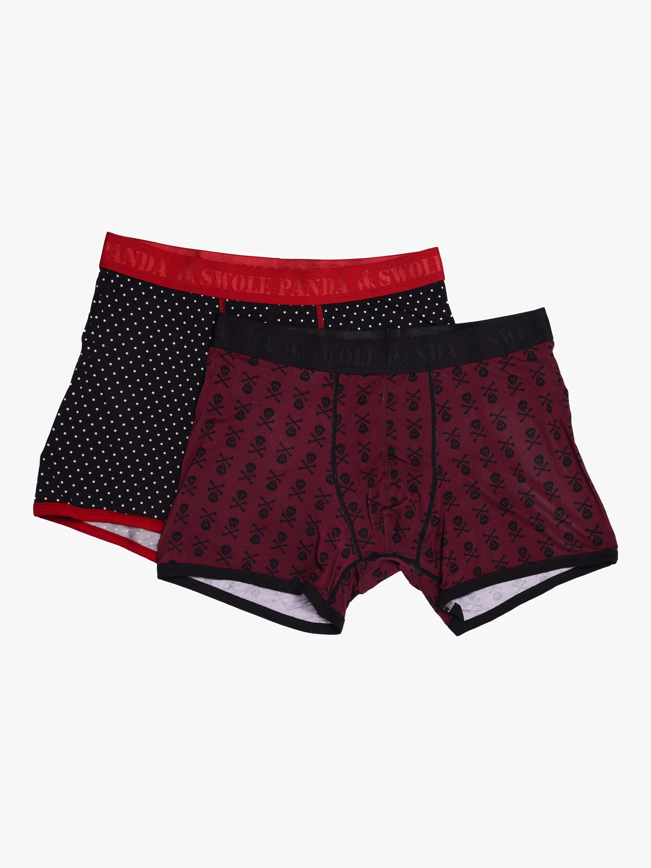 Product image 1 of 3, which shows Swole Panda Skulls & Spots Bamboo Boxers, Pack of 2, Burgundy/Black, S