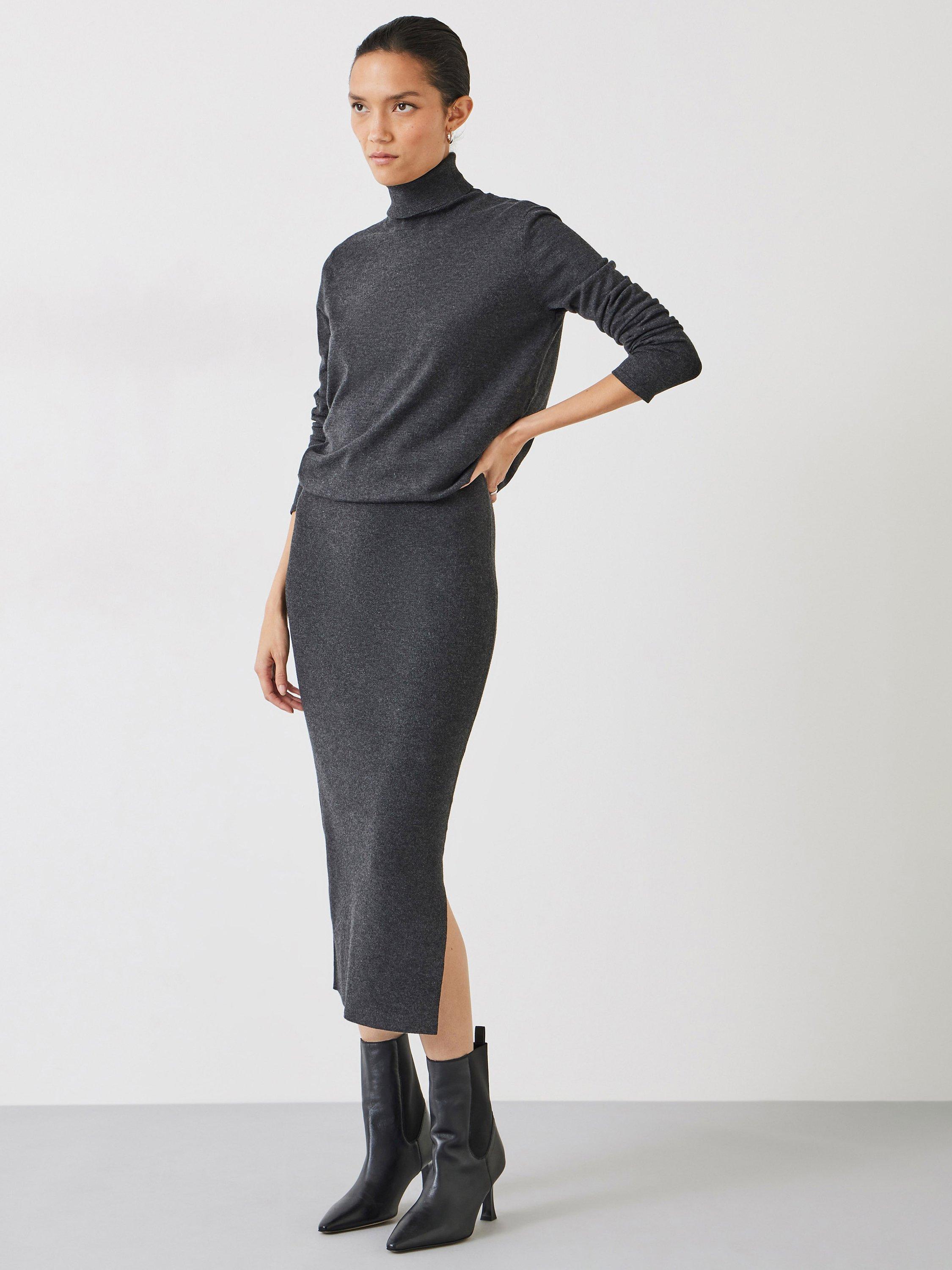 HUSH Harper Roll Neck Midi Dress, Charcoal Marl