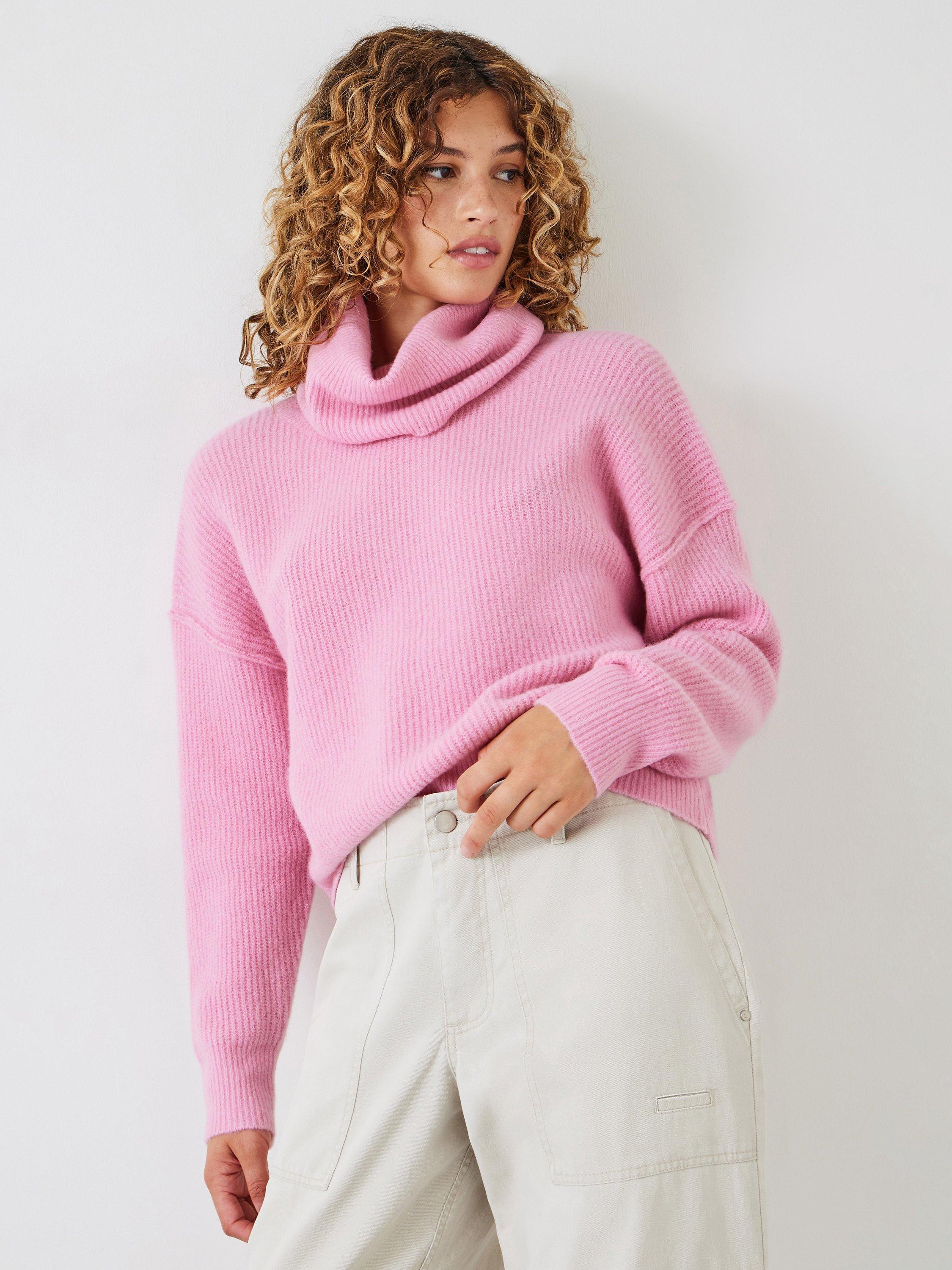 HUSH Meryll Roll Neck Wool Blend Cropped Jumper, Dusty Pink