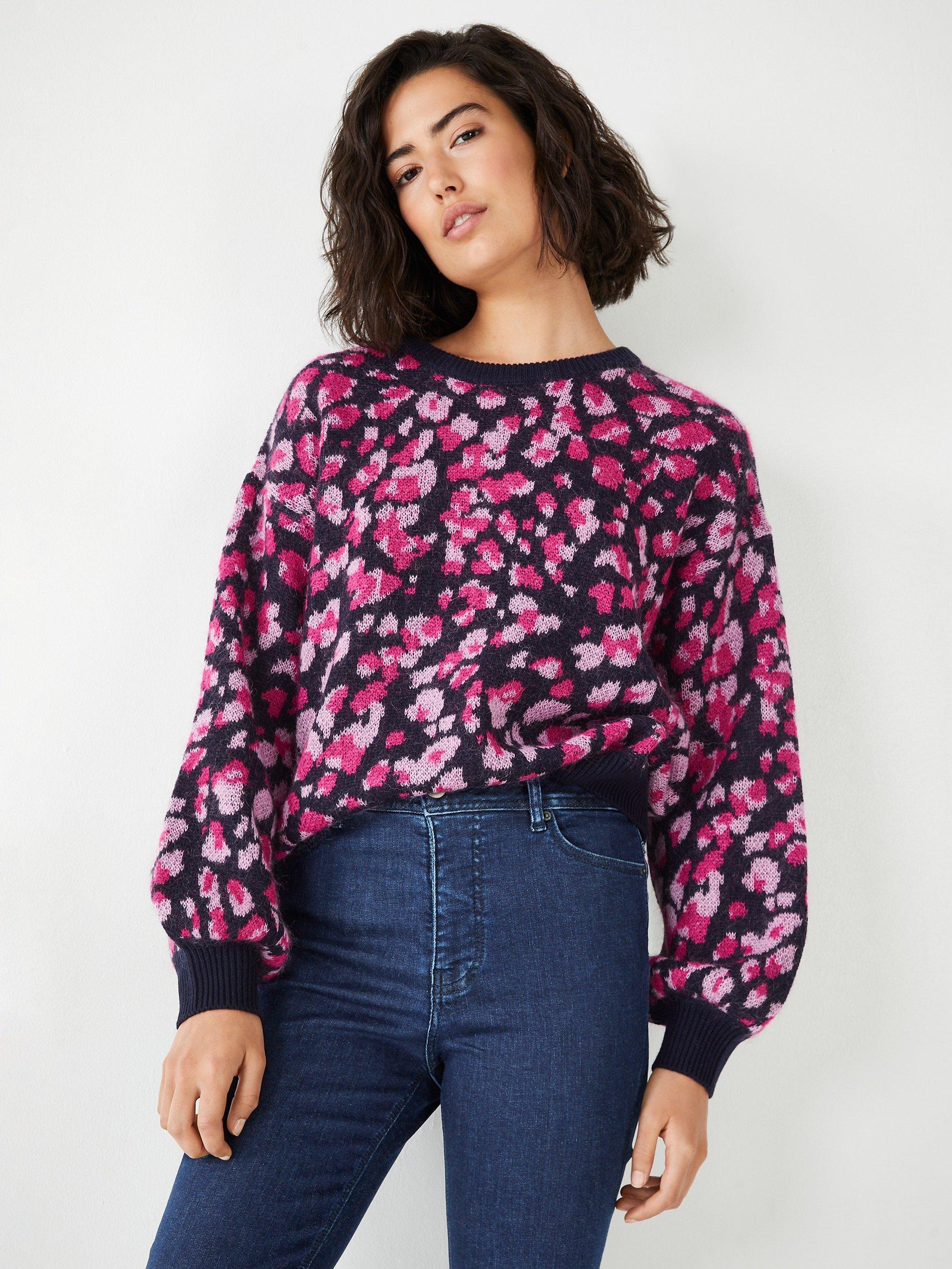HUSH Animal Jacquard Crew Neck Jumper, Midnight Navy/Pink