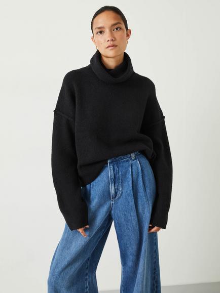 HUSH Meryll Roll Neck Wool Blend Cropped Jumper, Black