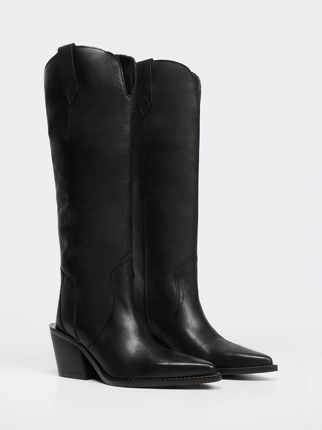 Mango Leather Cowboy Knee High Boots, Black, 2