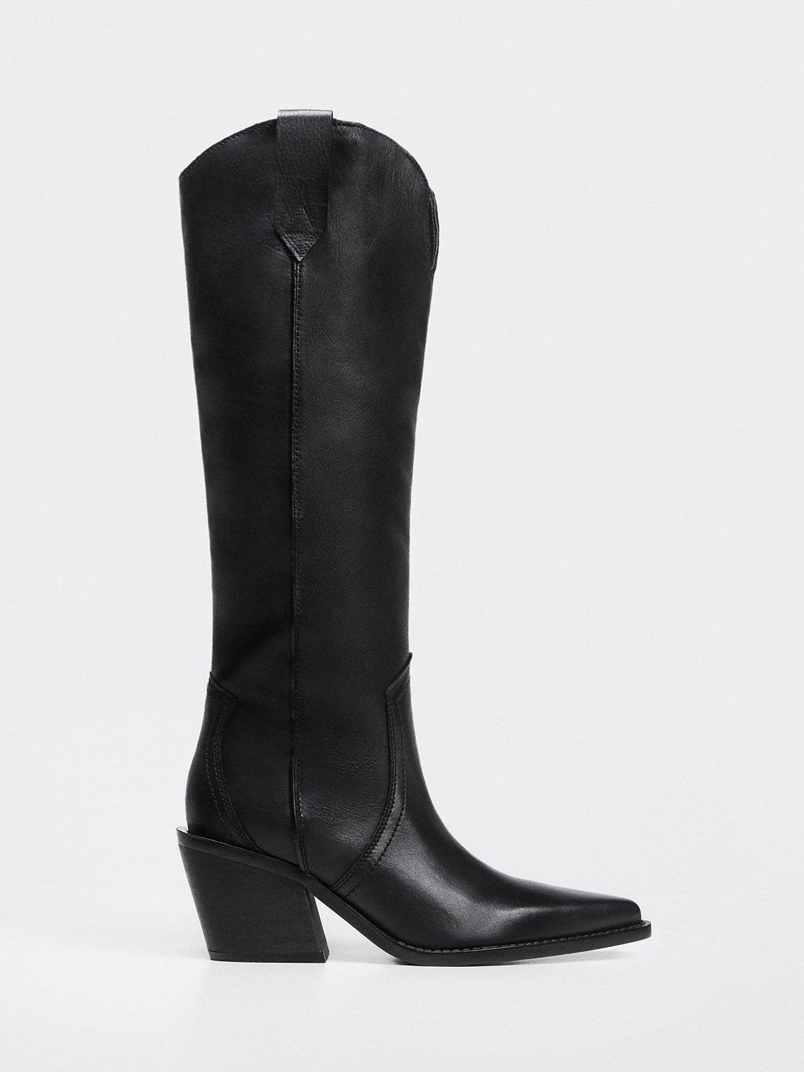 Mango Leather Cowboy Knee High Boots, Black, 2