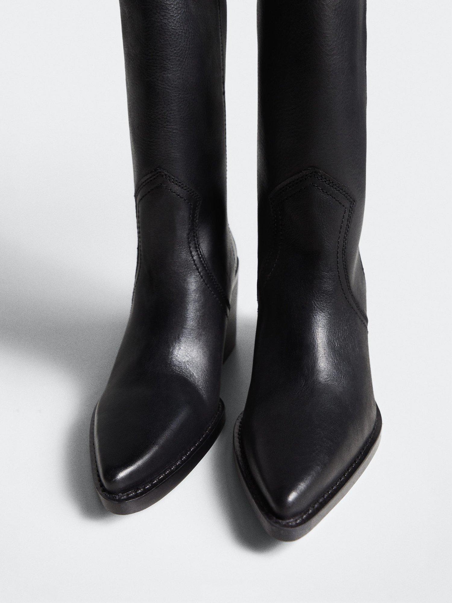 Mango Leather Cowboy Knee High Boots, Black, 2