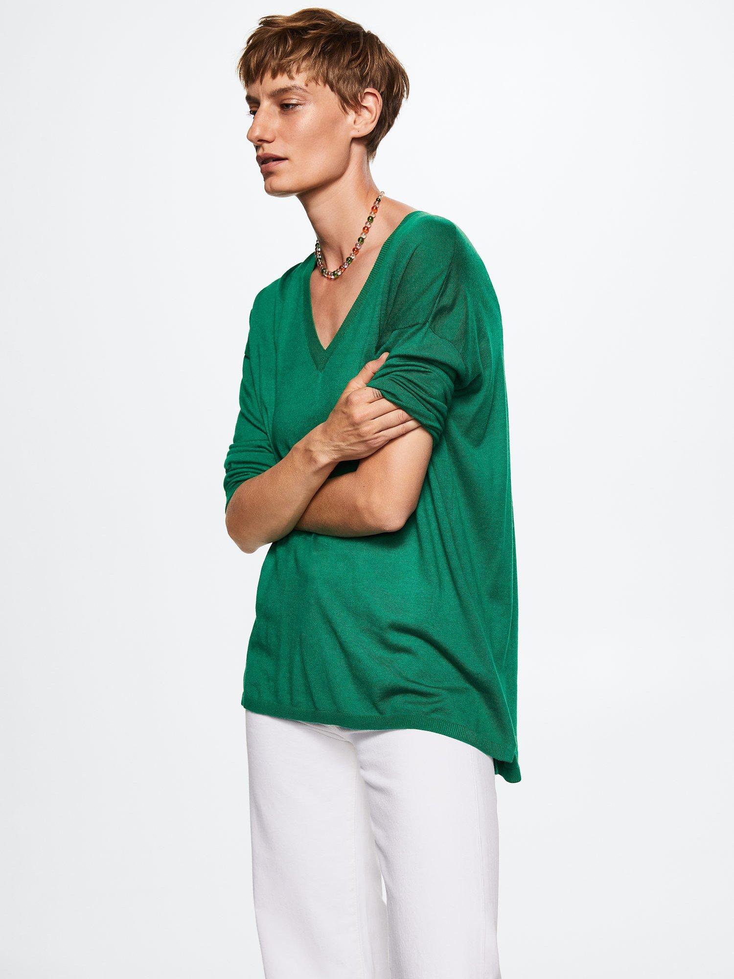 Mango Haramon V-Neck Cashmere Blend Jumper, Green