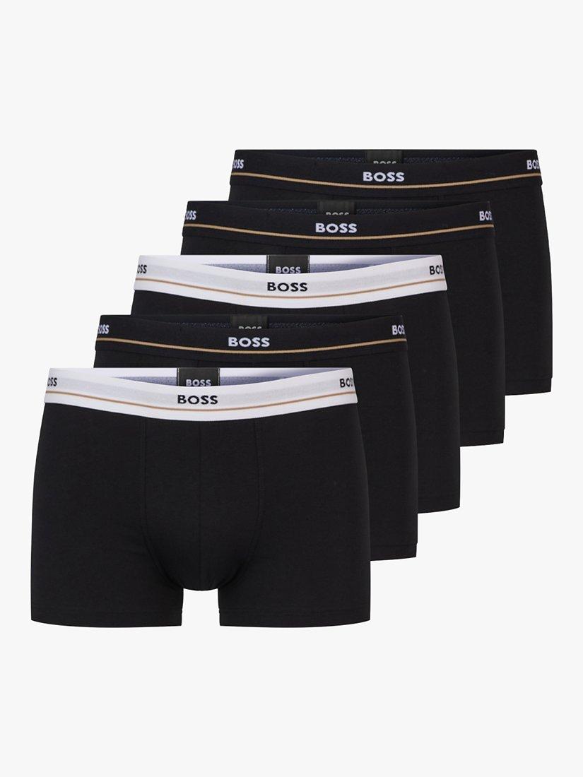 Product image 1 of 4, which shows BOSS Stretch Cotton Logo Waistband Trunks, Pack of 5, Black, M