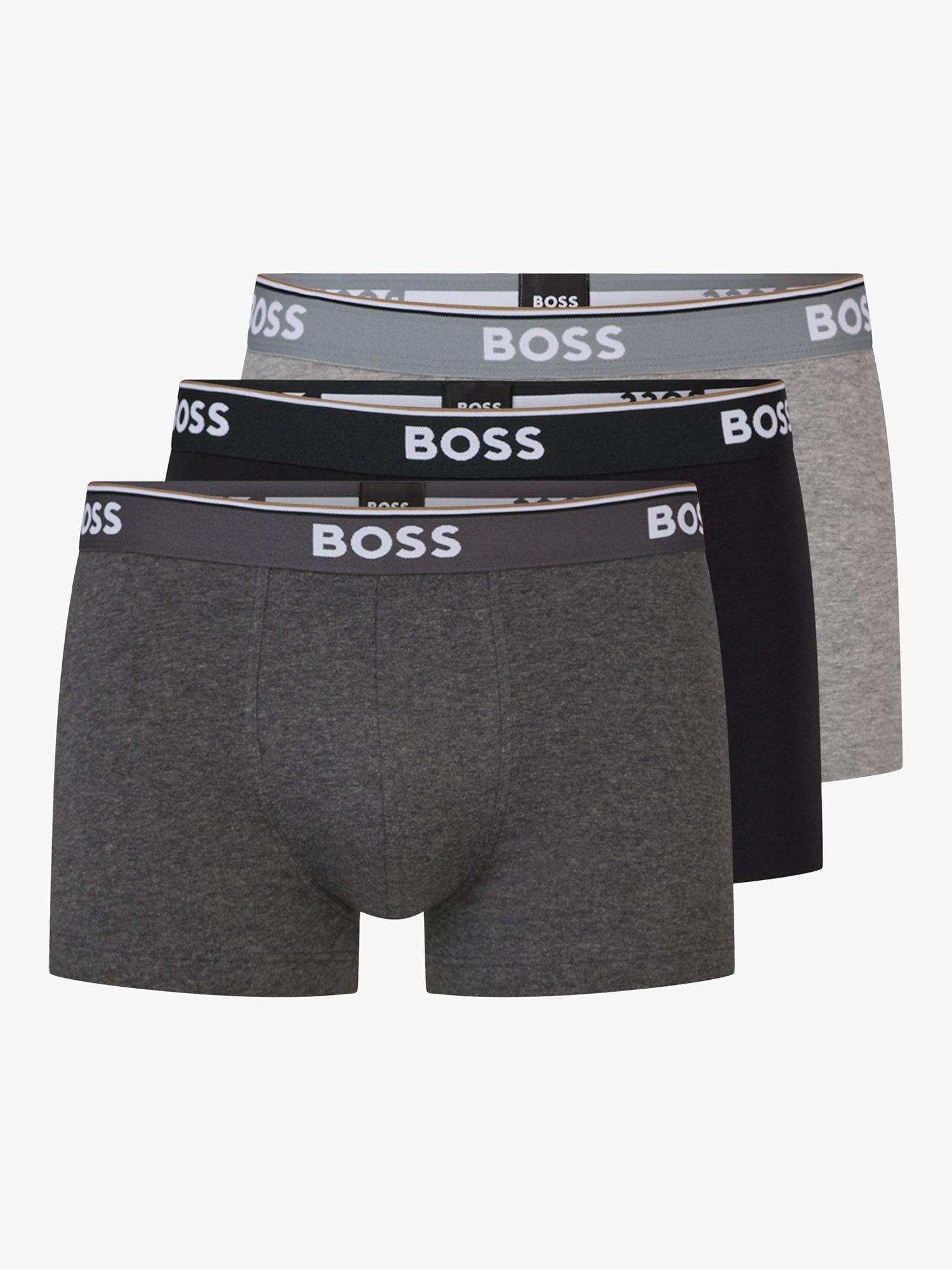 Product image 1 of 5, which shows BOSS Power Cotton Logo Waistband Trunks, Pack of 3, Open Grey, S