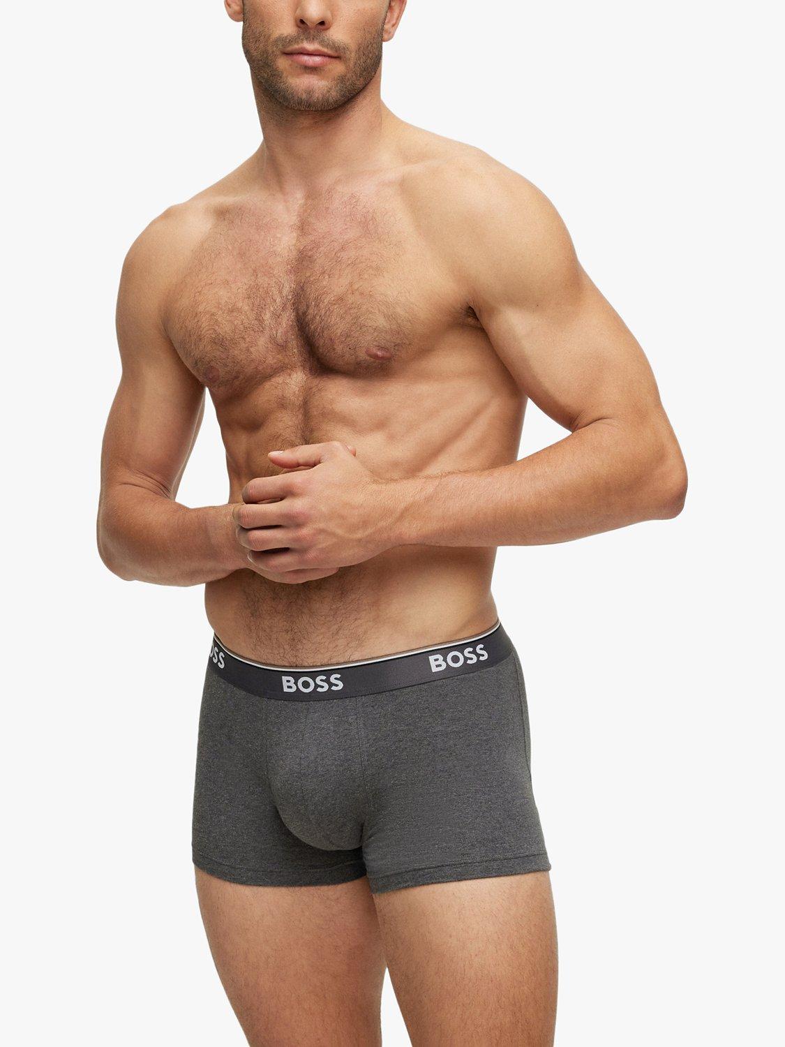 Product image 2 of 5, which shows BOSS Power Cotton Logo Waistband Trunks, Pack of 3, Open Grey, S