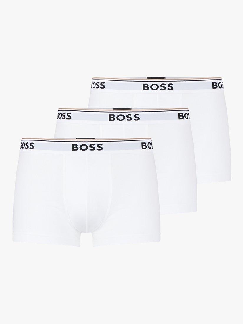 Product image 1 of 4, which shows BOSS Power Cotton Logo Waistband Trunks, Pack of 3, White, S