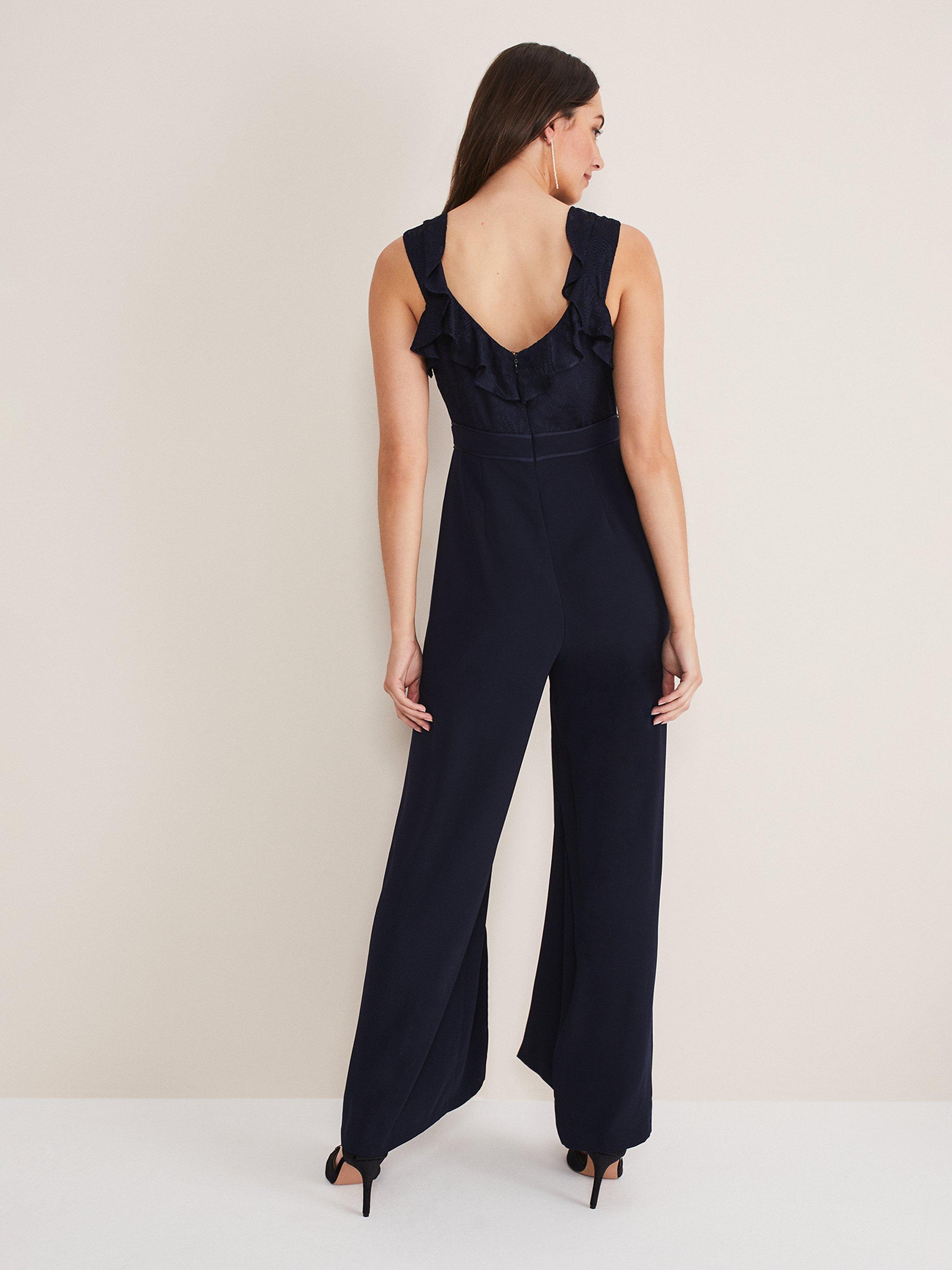 Product image 2 of 7, which shows Phase Eight Atlanta Burnout Wide Leg Jumpsuit, Navy, 16