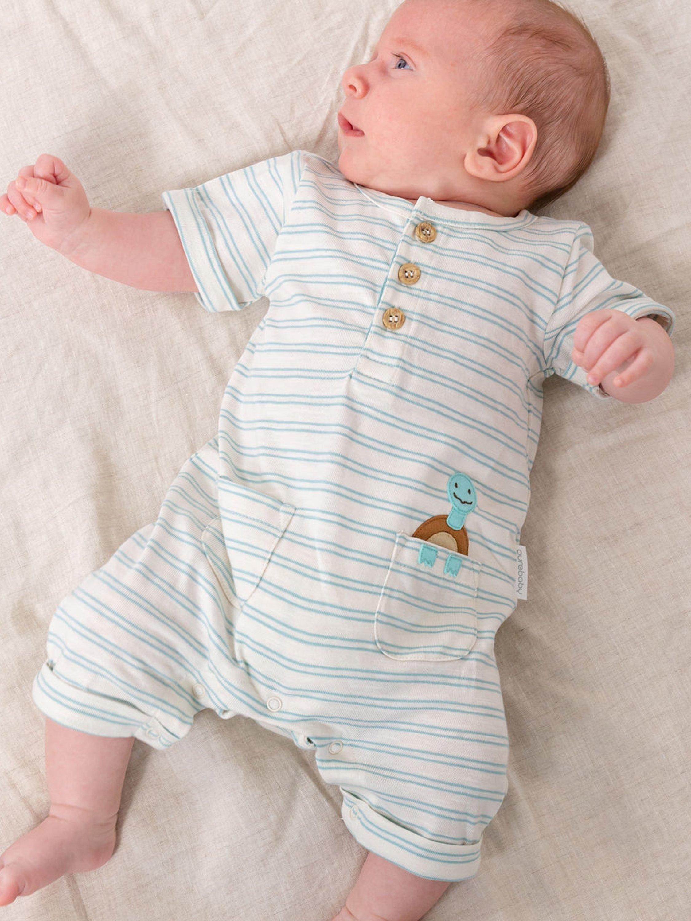 Purebaby Organic Cotton Short Sleeve Henley Growsuit, Rainforest