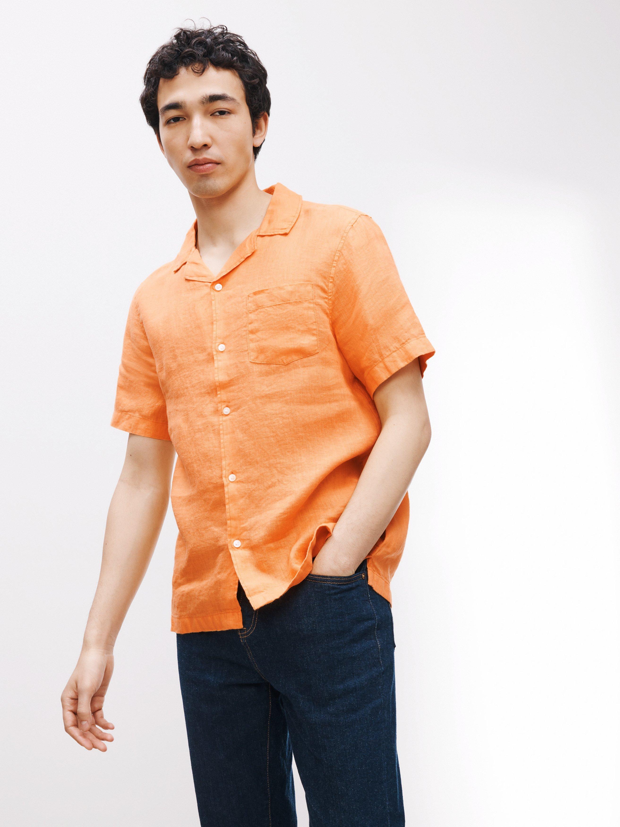 John Lewis Linen Cuban Collar Short Sleeve Beach Shirt, Orange
