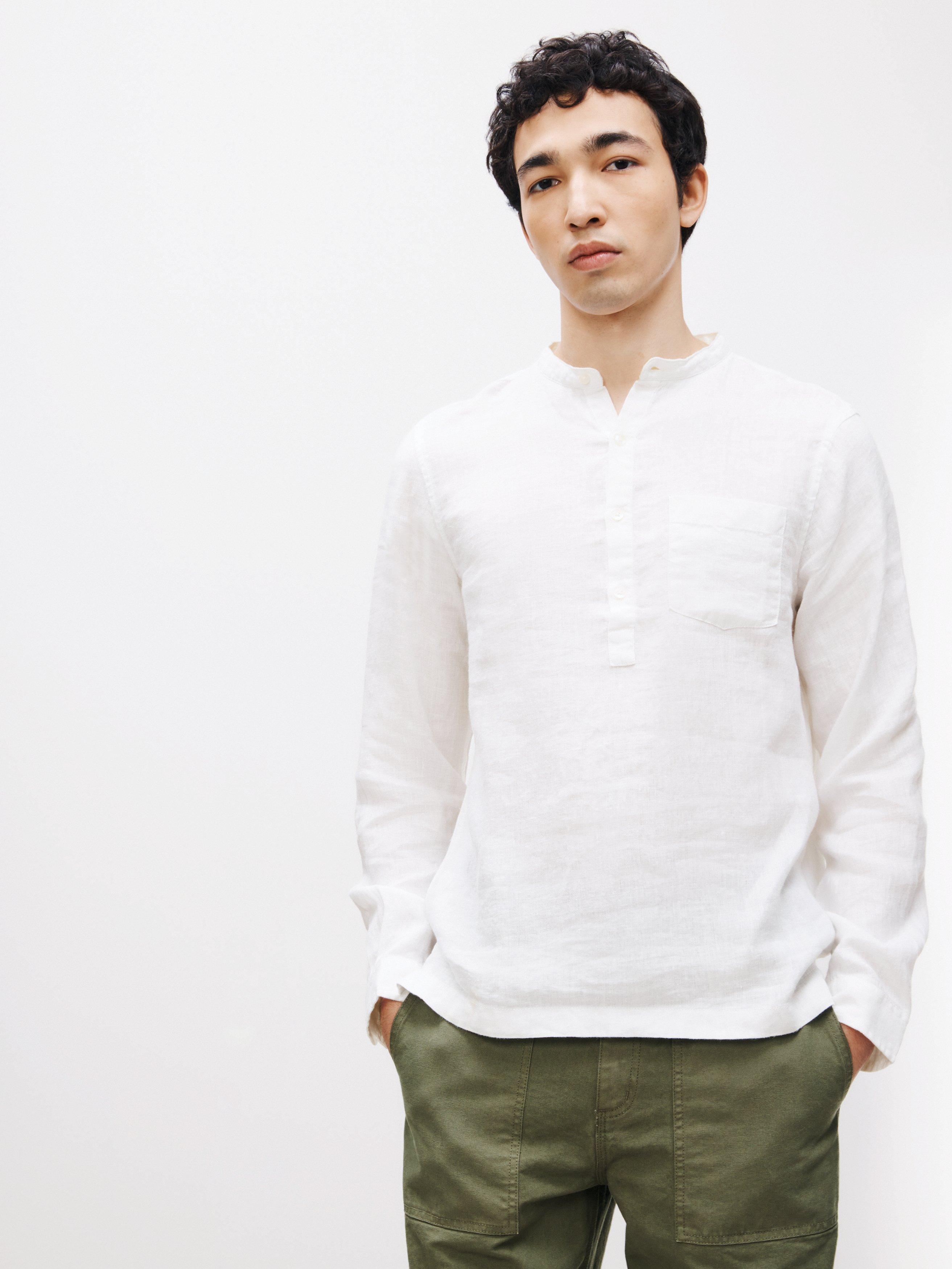 John Lewis Linen Grandad Half Button Beach Shirt, White