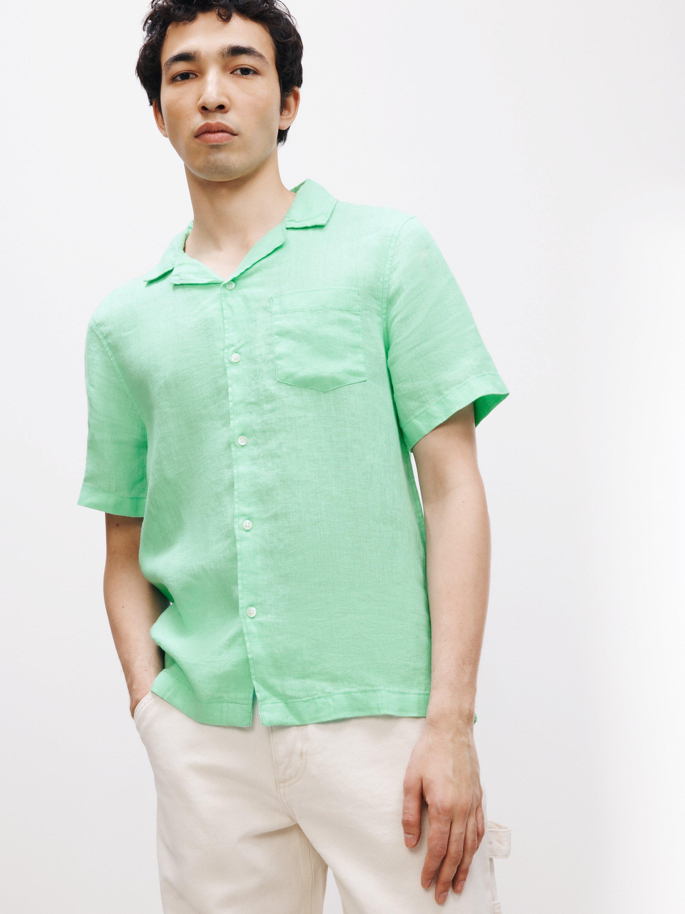 John Lewis Linen Cuban Collar Short Sleeve Beach Shirt, Green