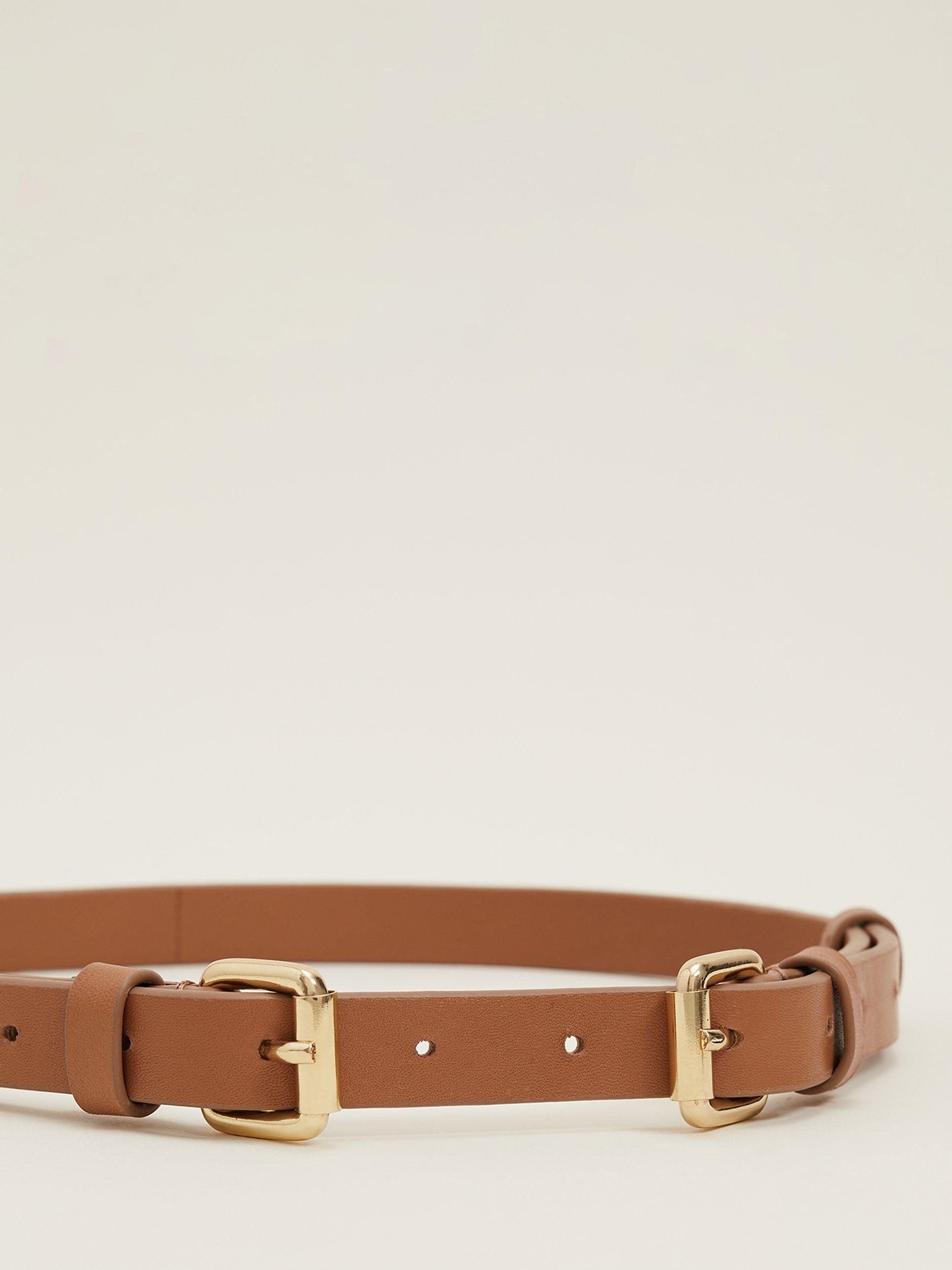 Product image 2 of 6, which shows Phase Eight Double Buckle Slim Leather Belt, Tan, S-M