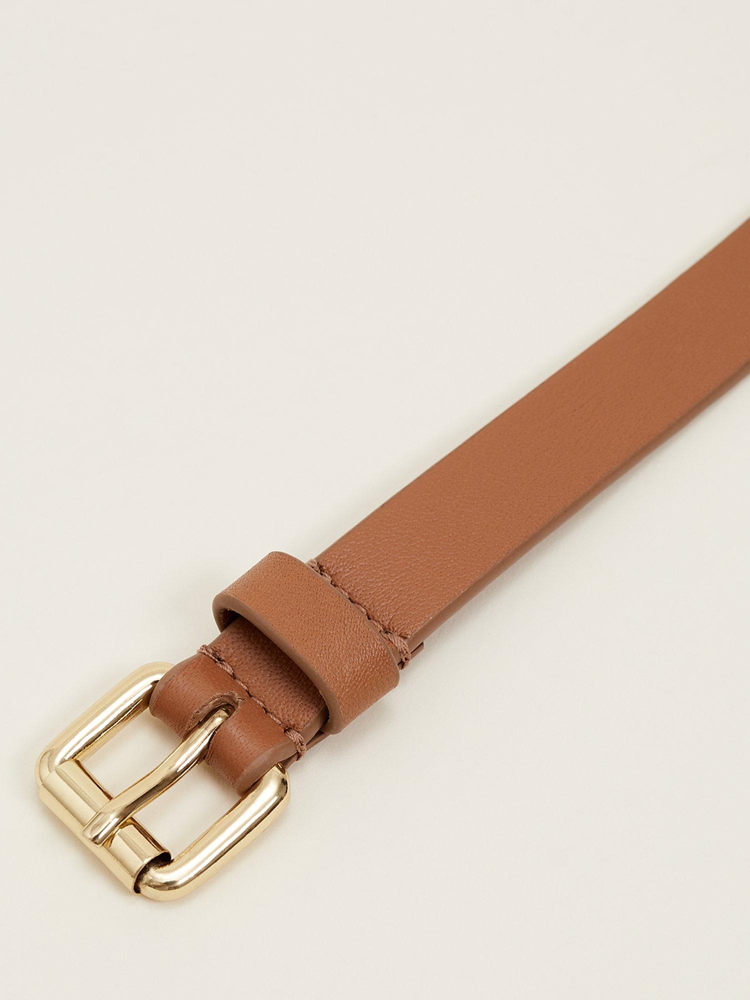 Product image 3 of 6, which shows Phase Eight Double Buckle Slim Leather Belt, Tan, S-M