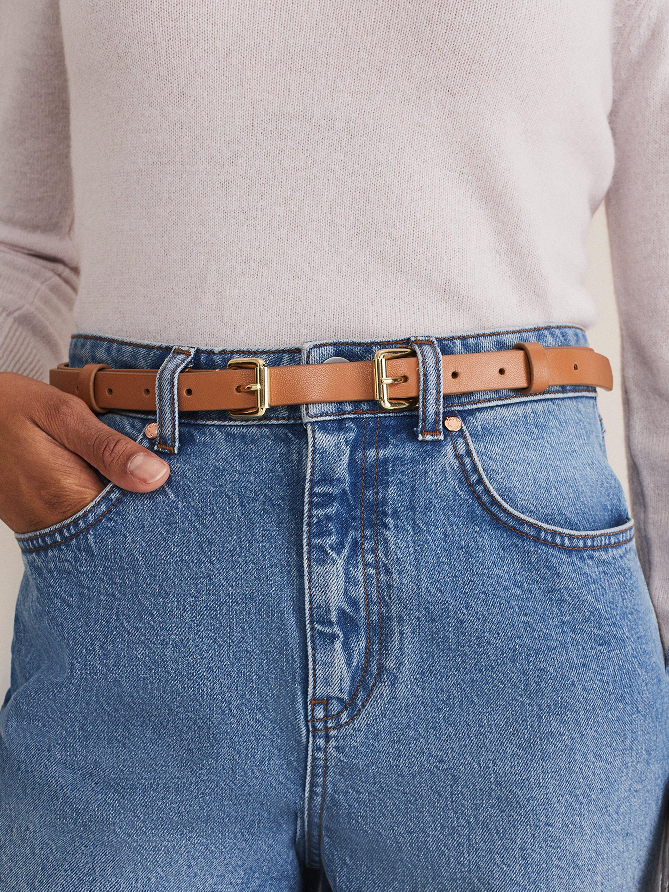 Product image 6 of 6, which shows Phase Eight Double Buckle Slim Leather Belt, Tan, S-M