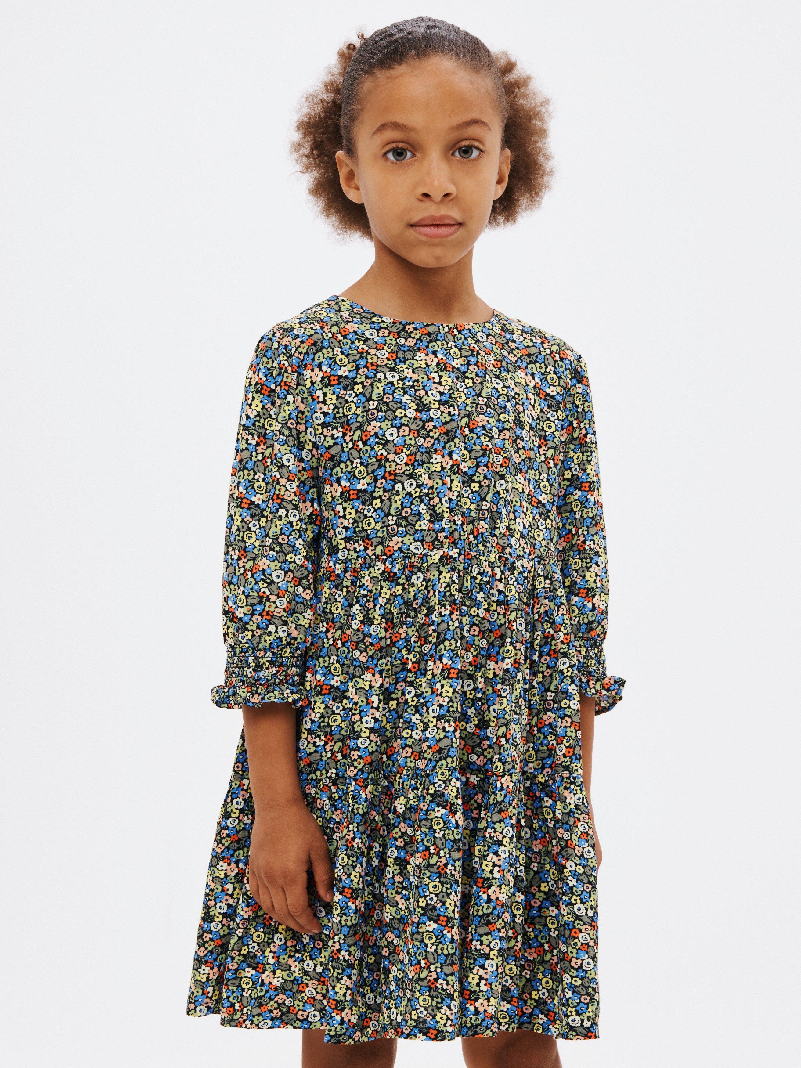 John Lewis Kids' Floral Crepe Tiered Dress, Carbon