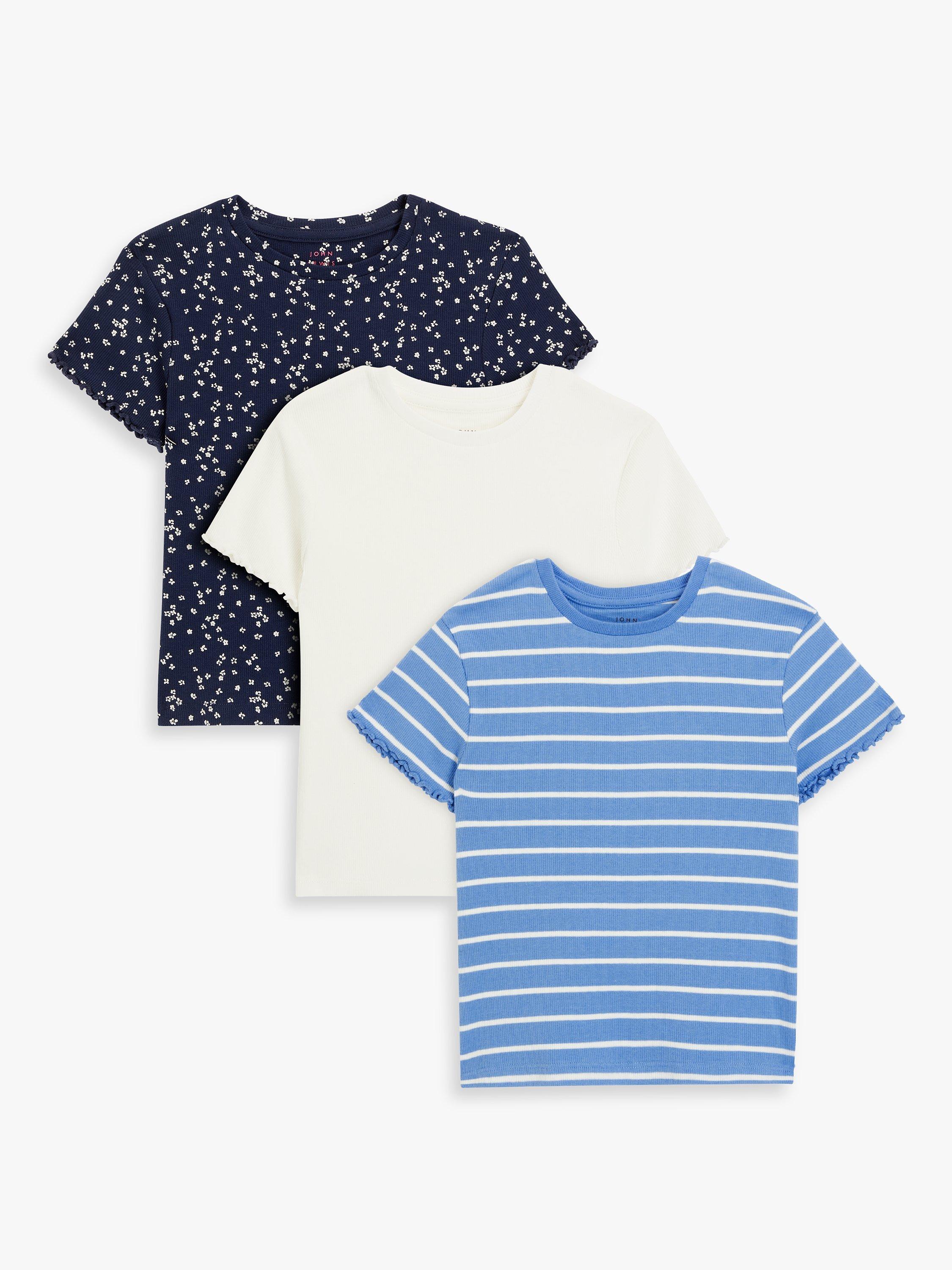 John Lewis Kids' Floral/Plain/Stripe Lettuce Sleeve T-Shirts, Pack of 3, Multi