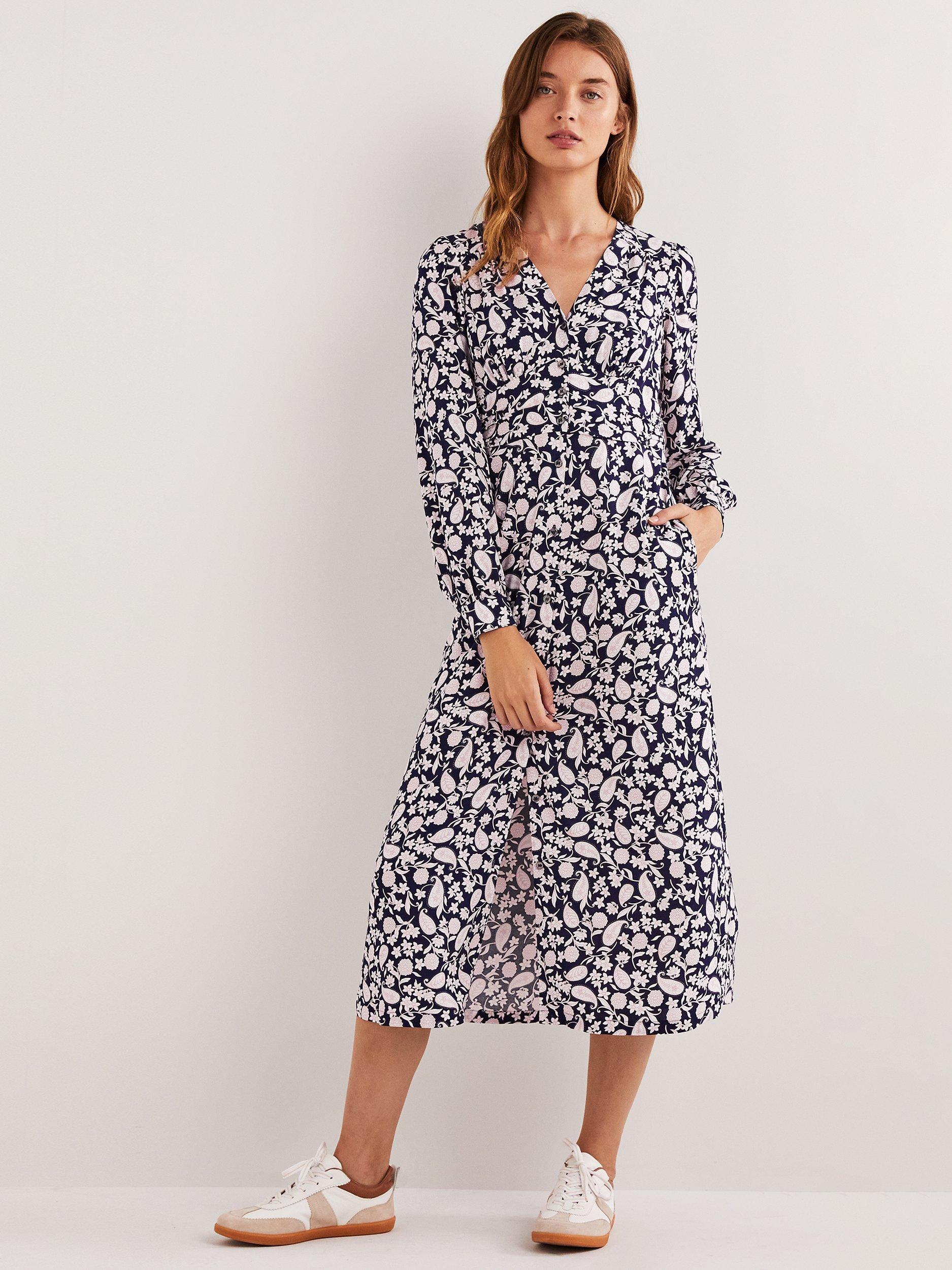 Boden Button Through Midi Tea Dress Navy Flower Garden