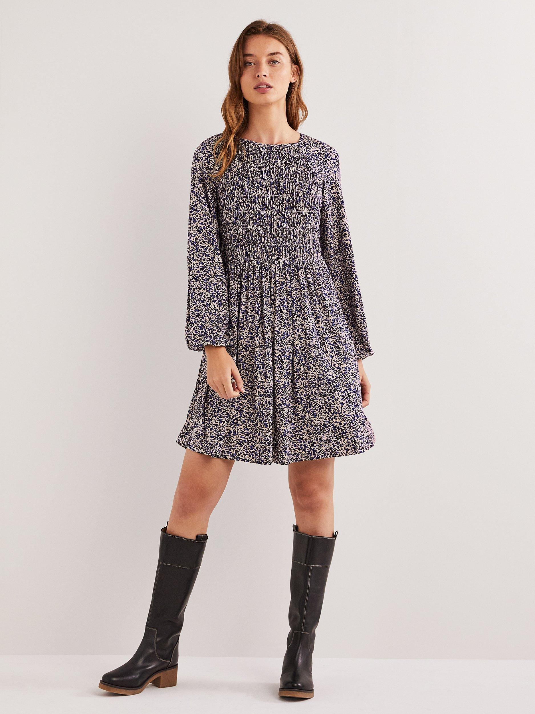 Boden Smocked Bodice Jersey Dress, Blue Leaf Cluster