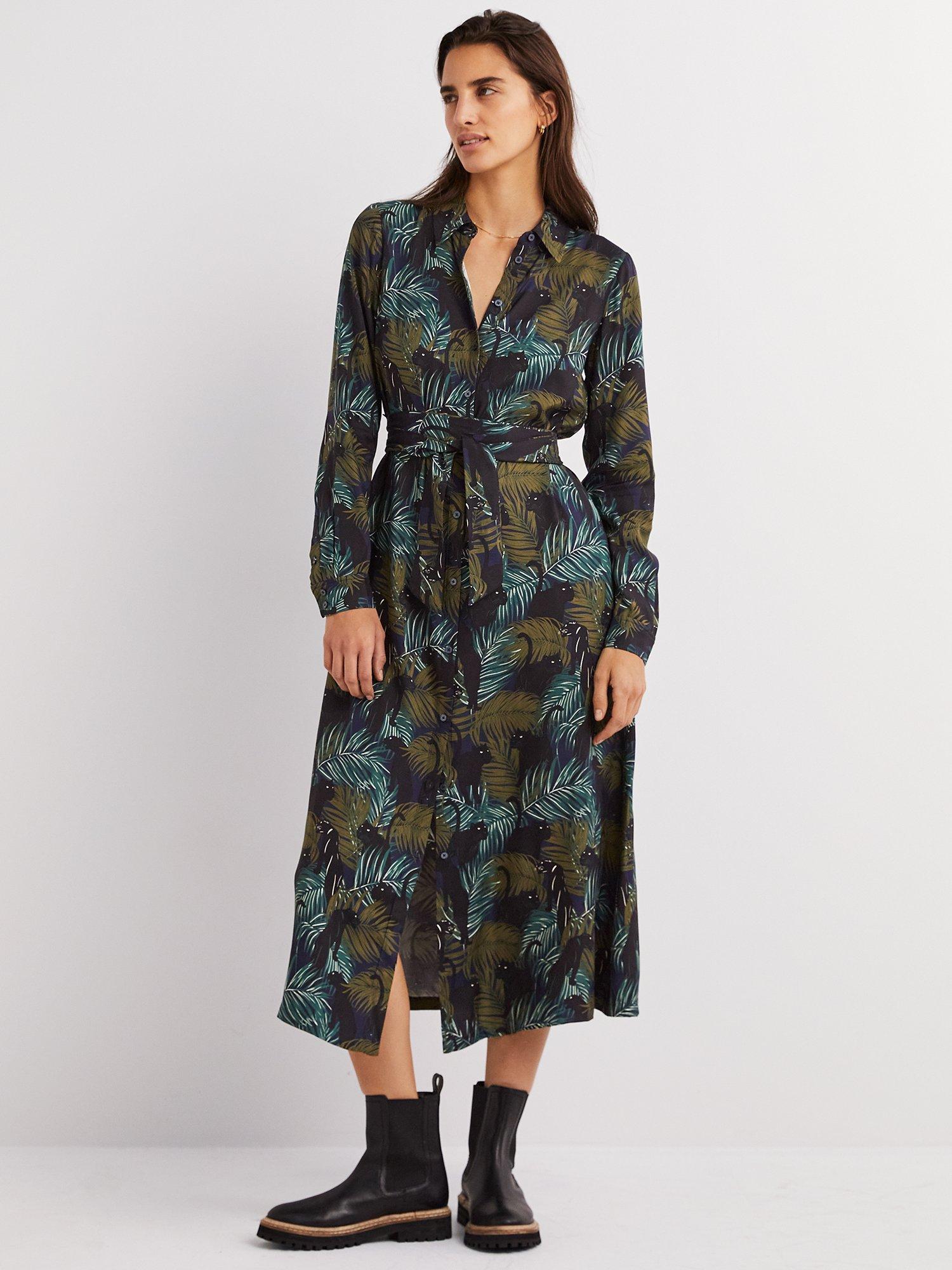 Boden Leaf Print Midi Shirt Dress, Navy