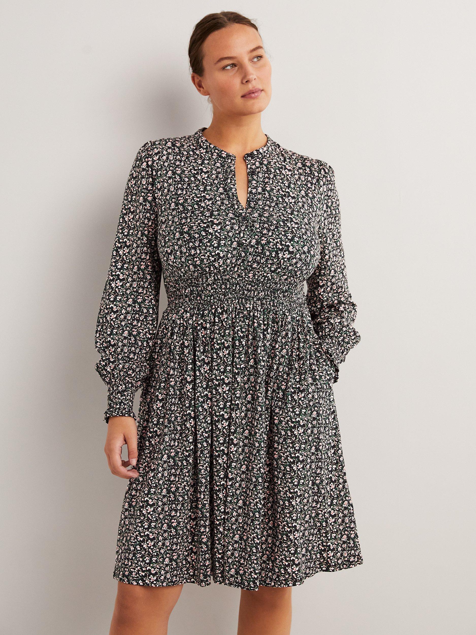 Boden Smocked Jersey Floral Print Shirt Dress, Green