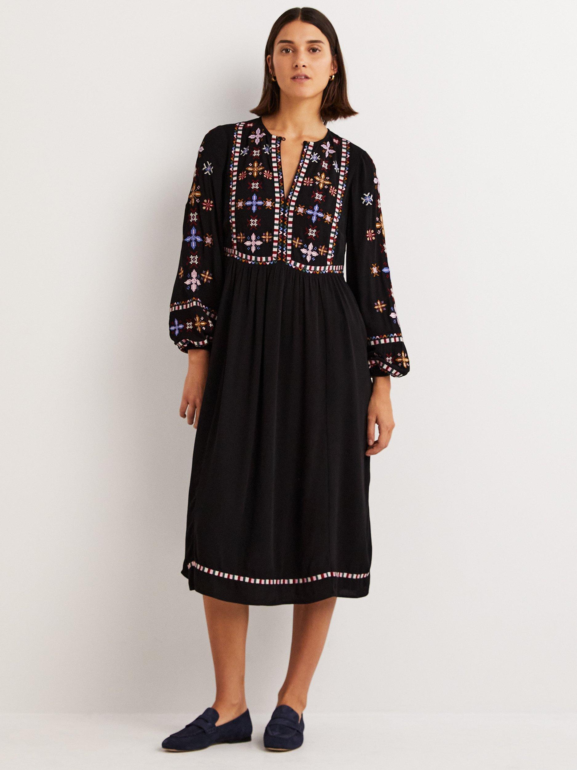 Boden Embroidered Midi Dress Black