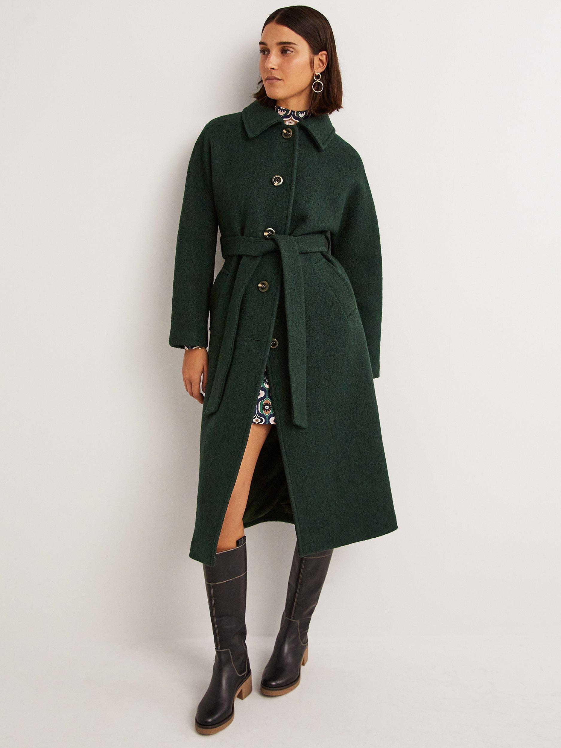 Boden Wool Blend Belted Longline Coat, Albete Green, 12