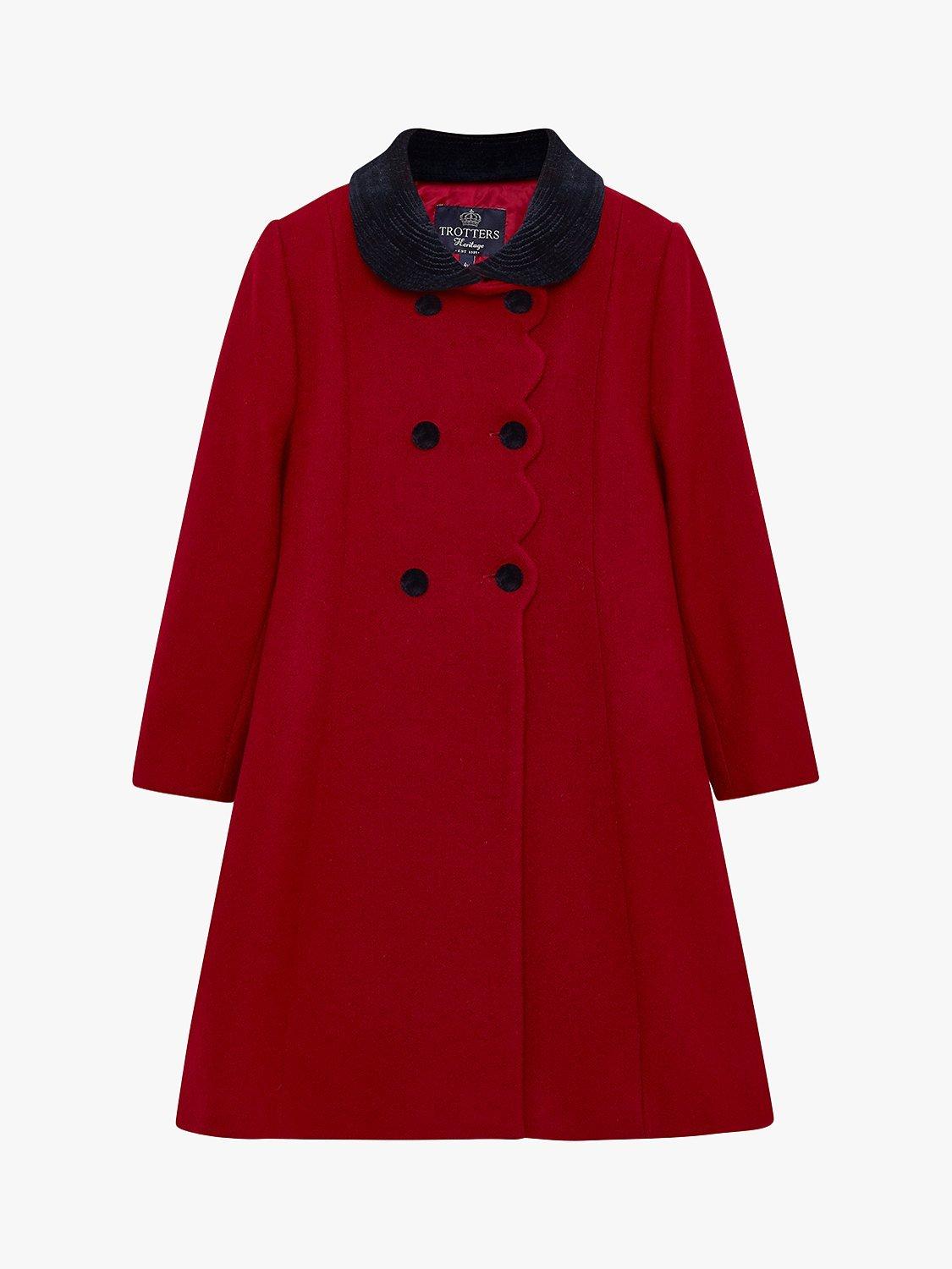 Product image 1 of 5, which shows Trotters Heritage Kids' Scallop Edge Wool Coat, Red, 2 years