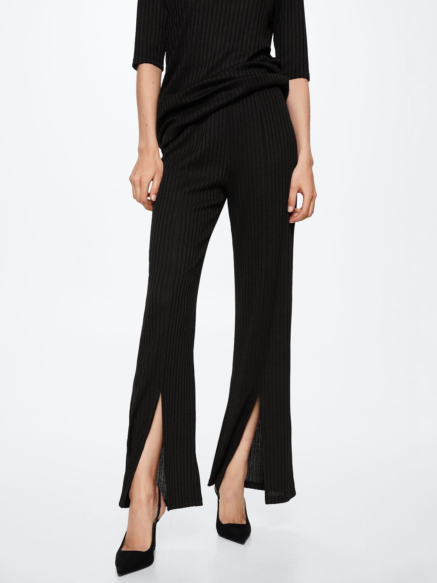 Mango Margot Ribbed Split Hem Trousers, Black