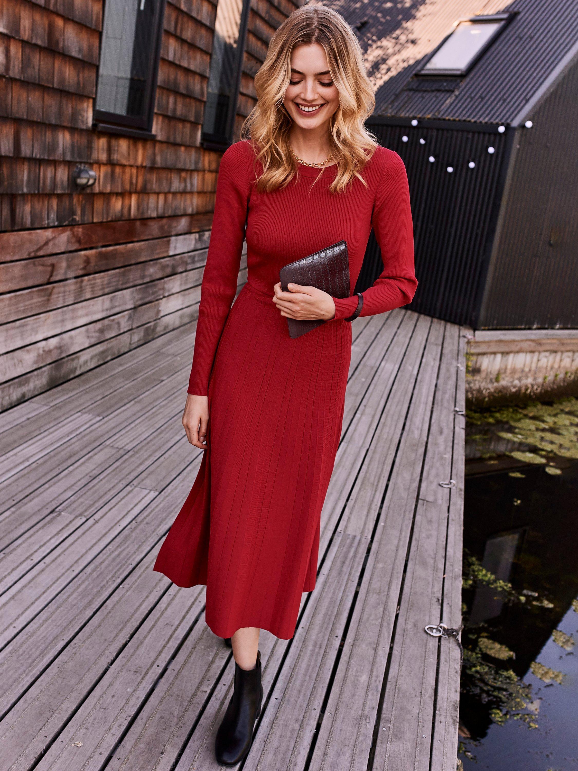 Crew Clothing Kya Knitted Pleat Dress, Red Wine