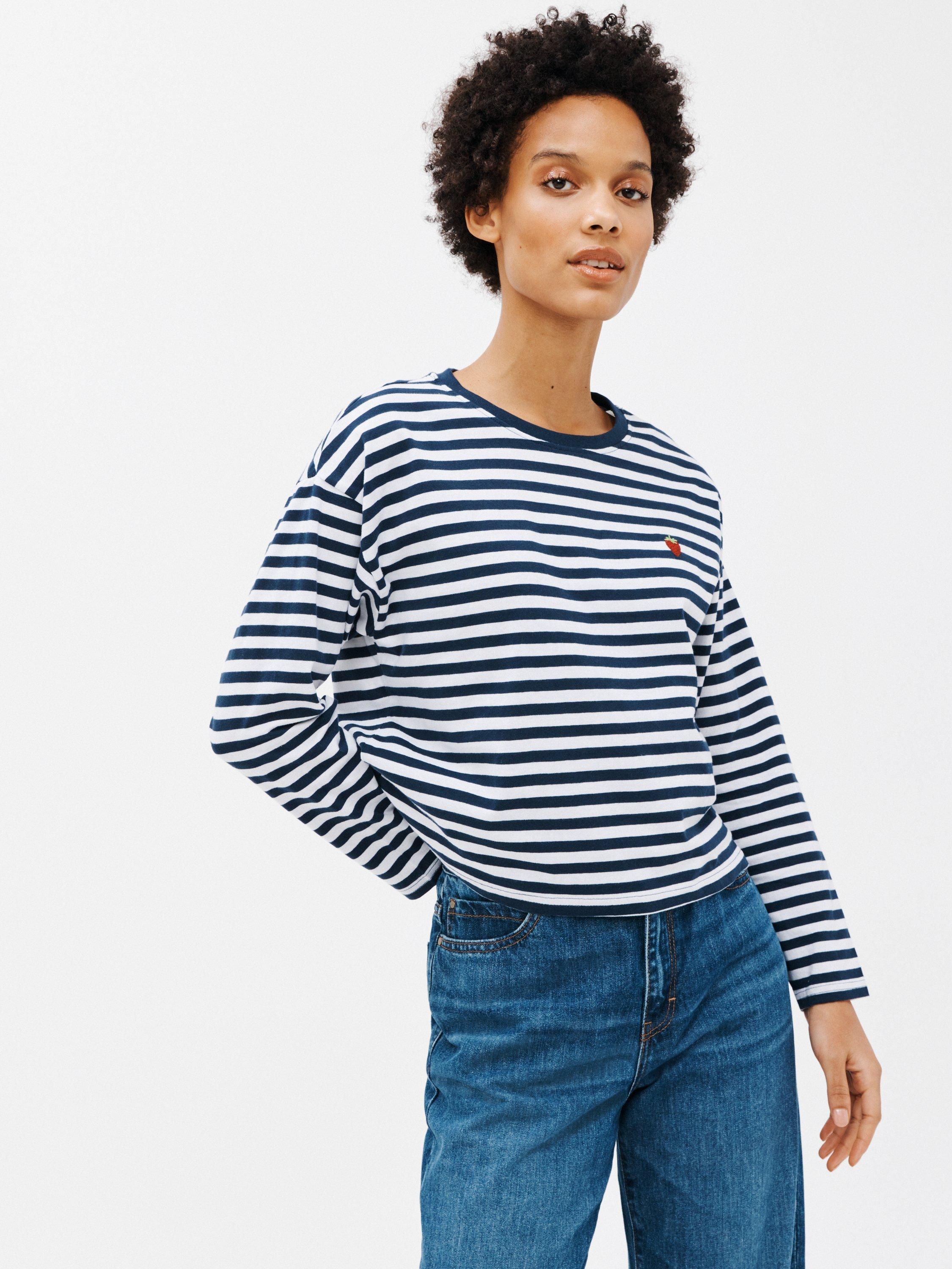 John Lewis ANYDAY Embroidered Strawberry Stripe Jersey Top, Navy/White