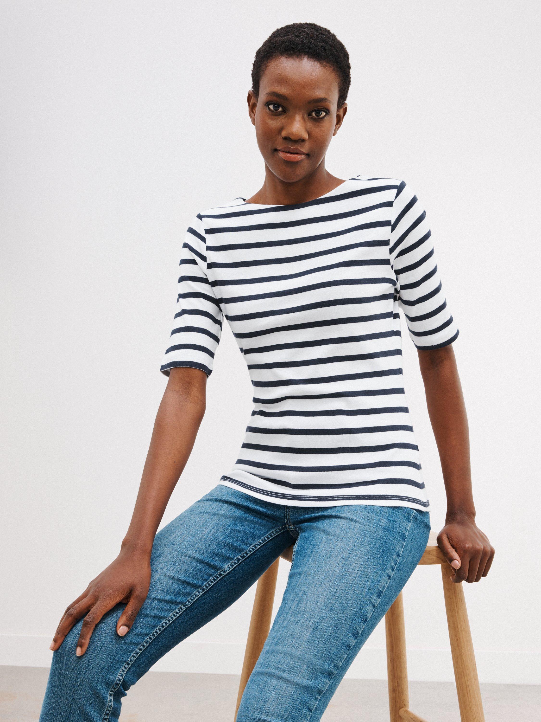 John Lewis Half Sleeve Boat Neck Stripe T-Shirt, Navy/White