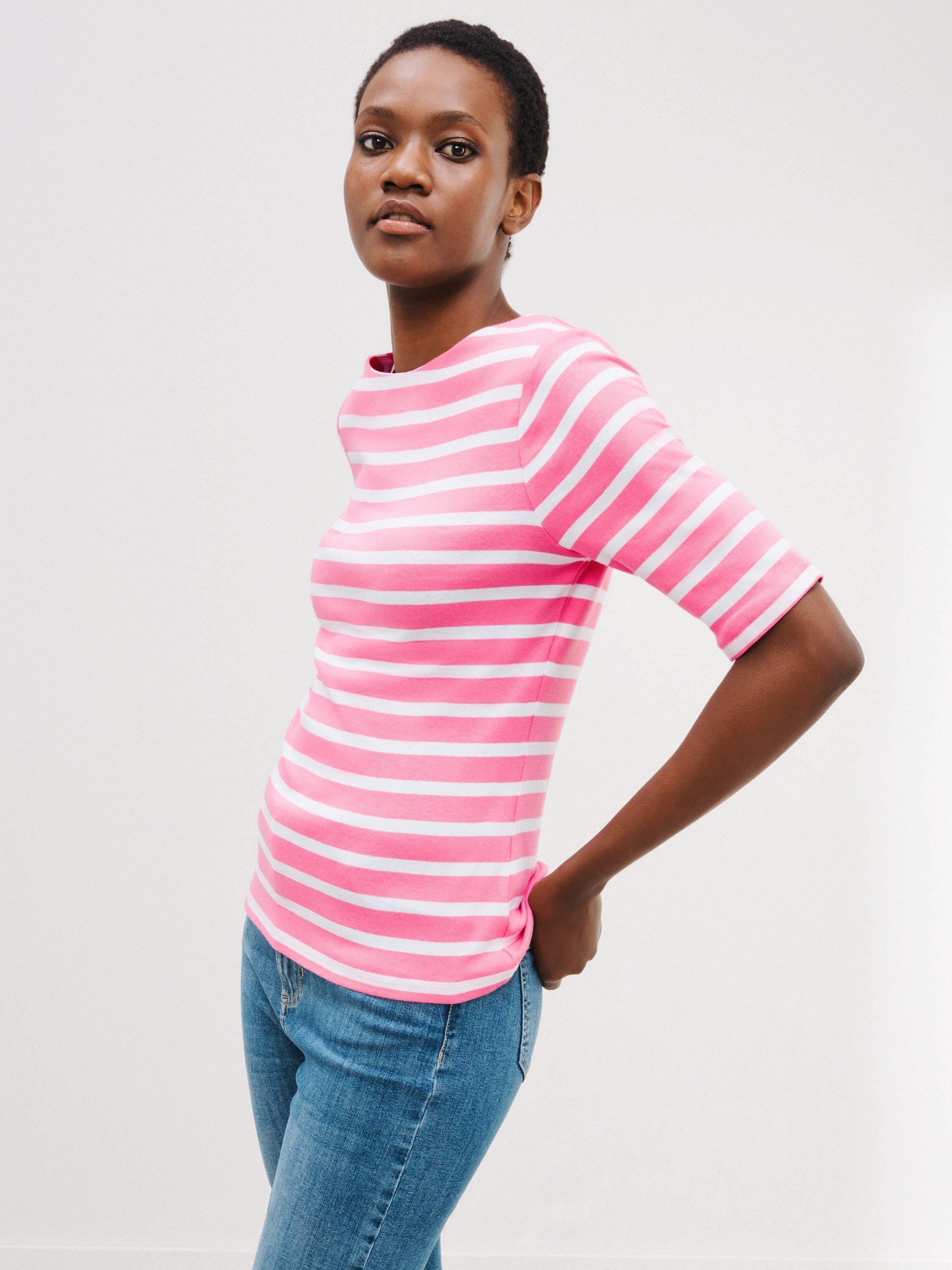 John Lewis Half Sleeve Boat Neck Stripe T-Shirt, Pink/White