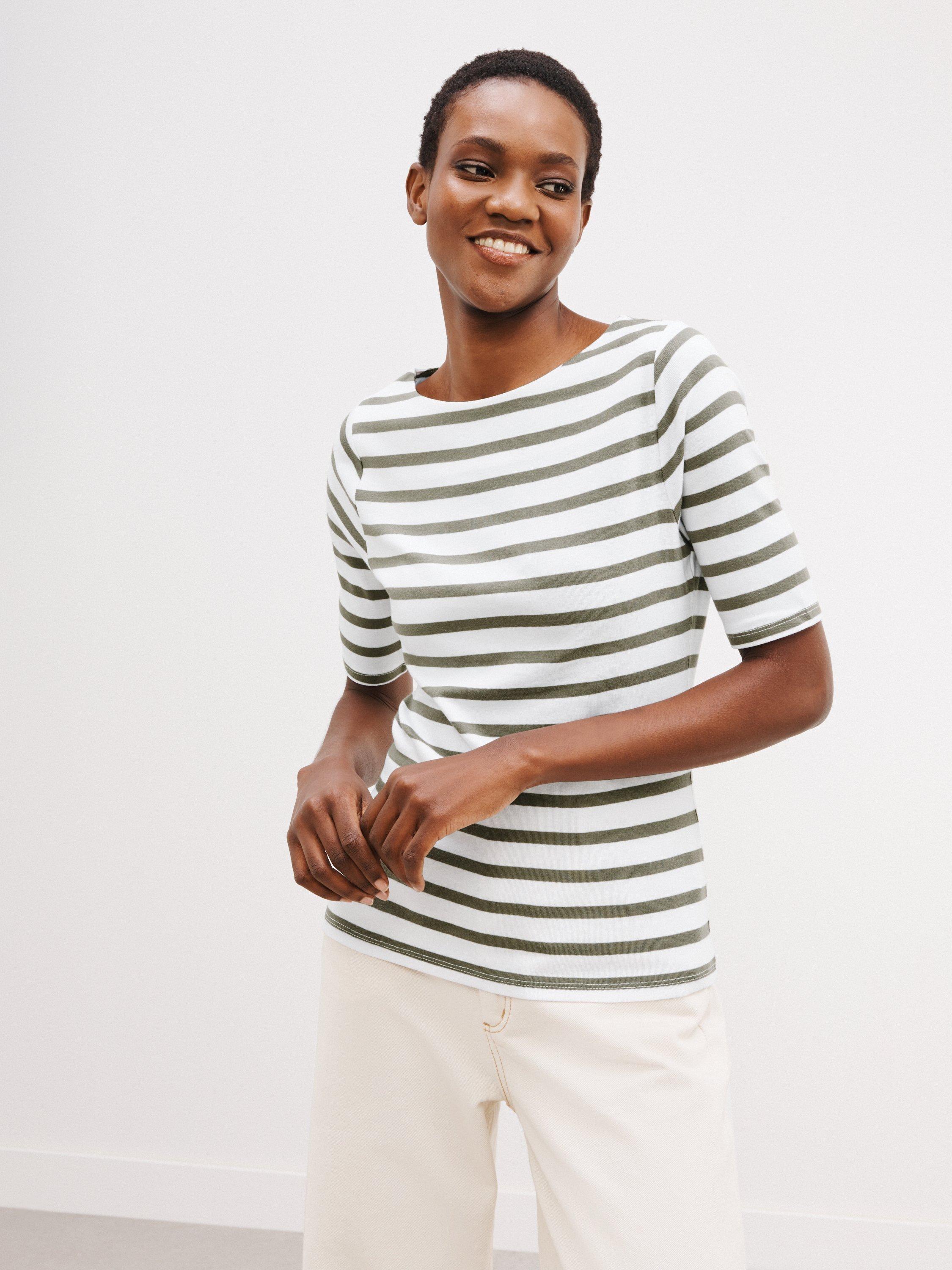 John Lewis Half Sleeve Boat Neck Stripe T-Shirt, Khaki/White