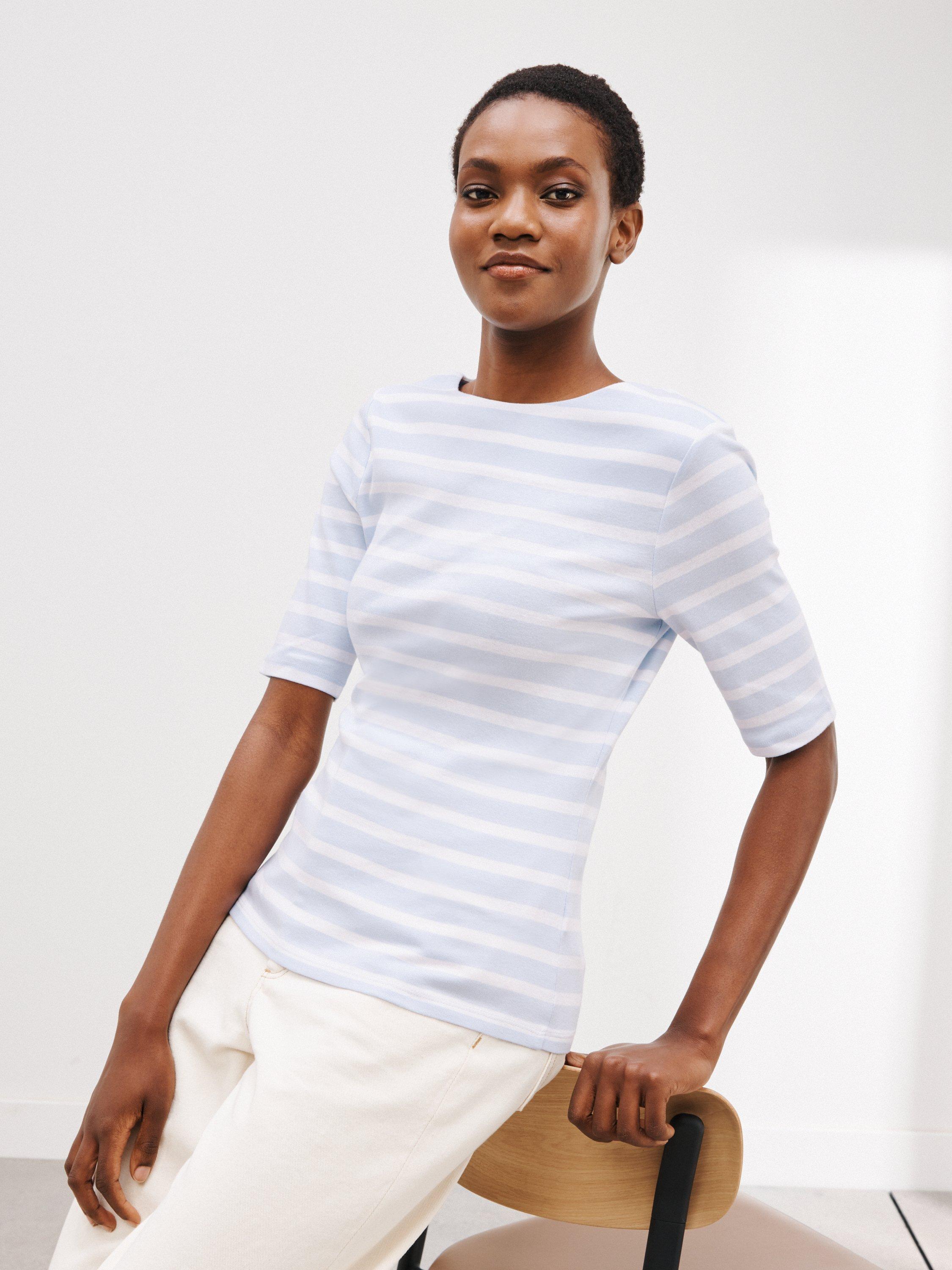 John Lewis Half Sleeve Boat Neck Stripe T-Shirt, Light Blue/White