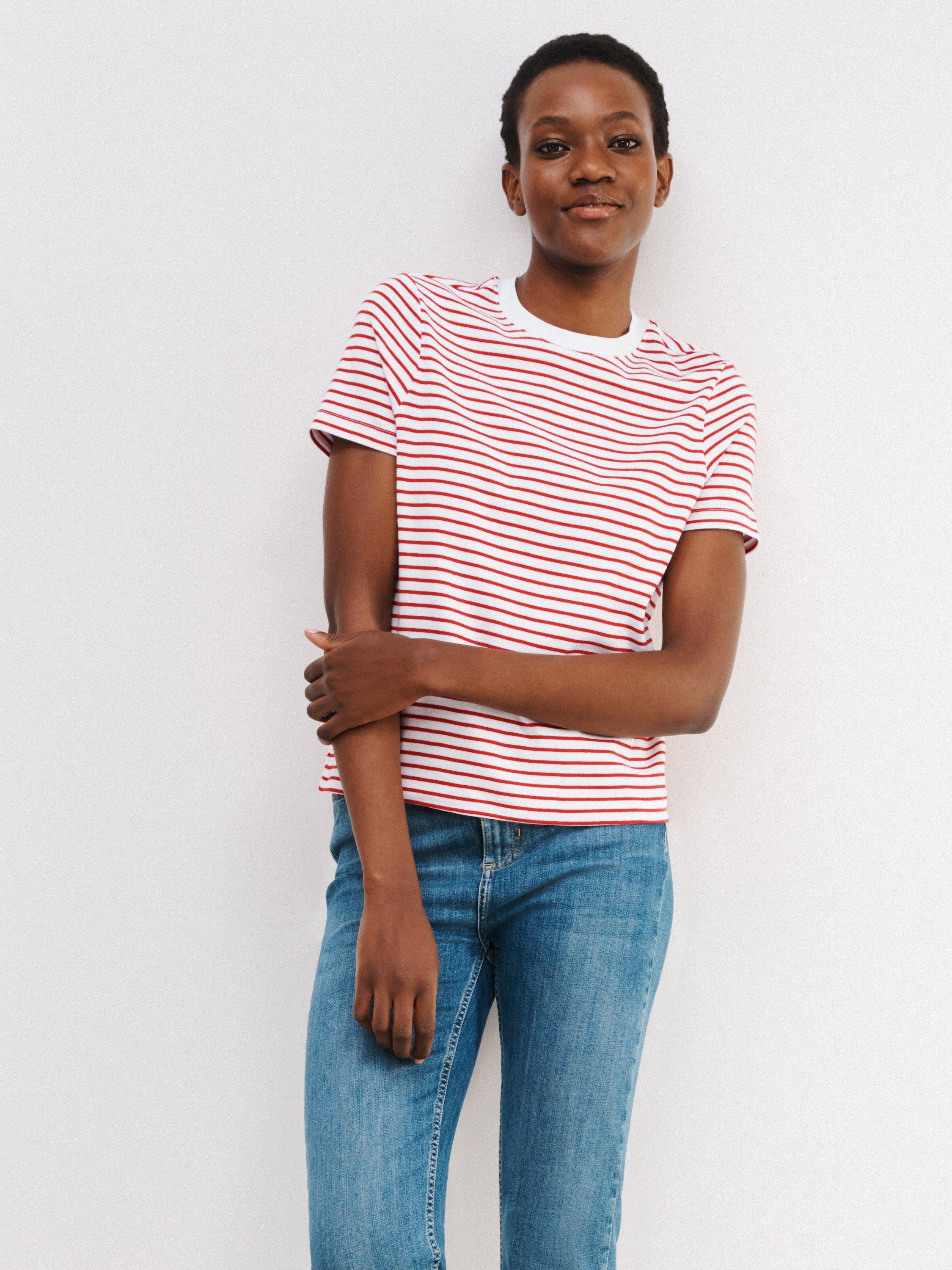 John Lewis Stripe Organic Cotton Short Sleeve Crew Neck T-Shirt, Red/White