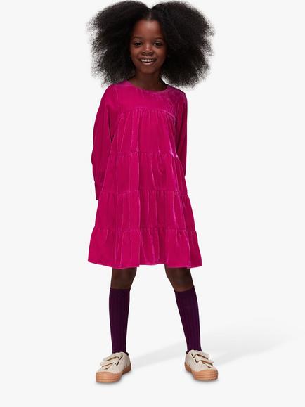 Whistles Kids' Sawyer Velvet Tiered Dress, Pink