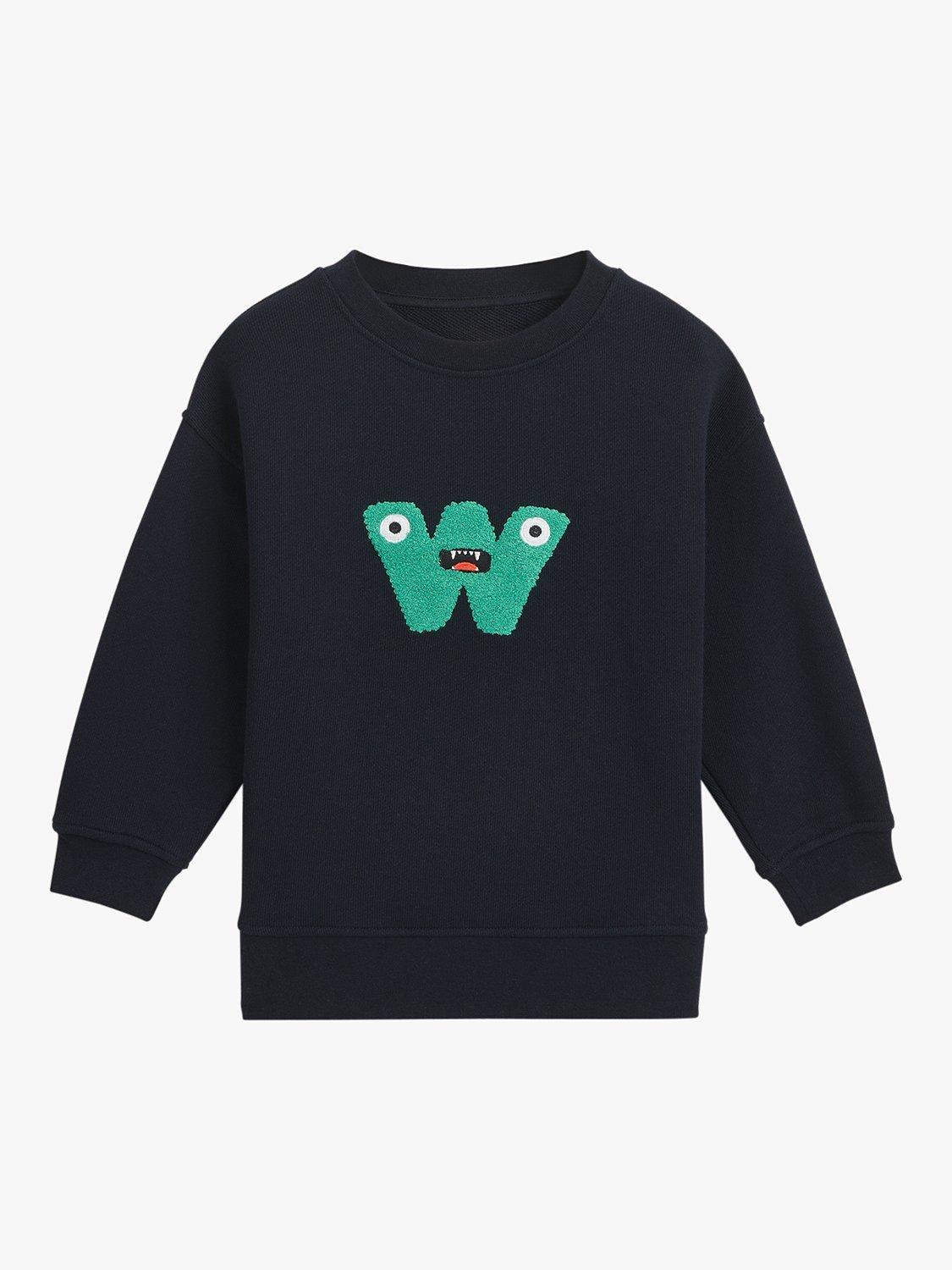 Product image 1 of 4, which shows Whistles Kids' Monster Embroidered Sweatshirt, Navy, 3-4 years