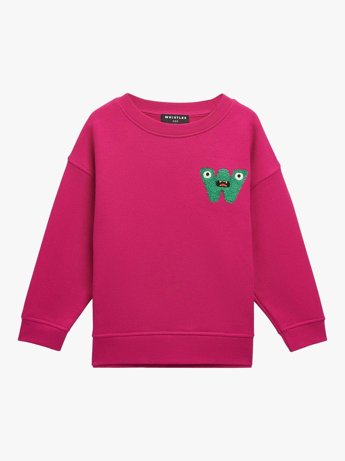 Product image 1 of 4, which shows Whistles Kids' Monster Embroidered Sweatshirt, Pink, 3-4 years